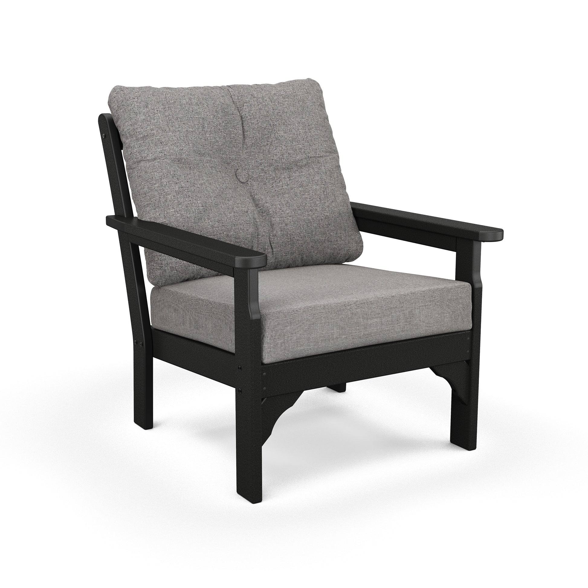A modern POLYWOOD Vineyard Deep Seating Chair with a black frame and all-weather fabric gray cushions, featuring clean lines and a single button tuft on the back cushion. The chair is shown against a