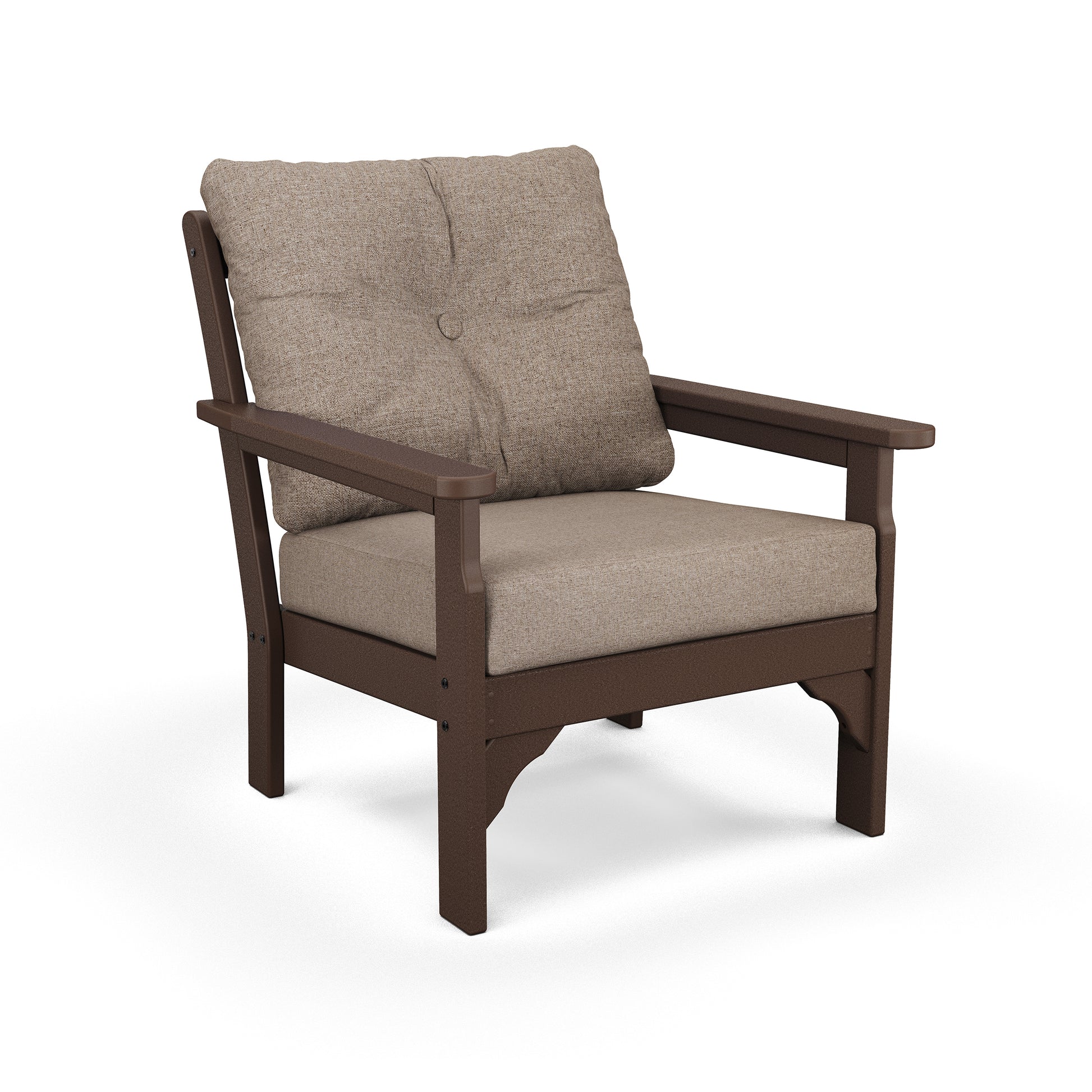 Brown wooden POLYWOOD Vineyard Deep Seating Chair with beige all-weather fabric and tufted backrest for eco-friendly comfort.
