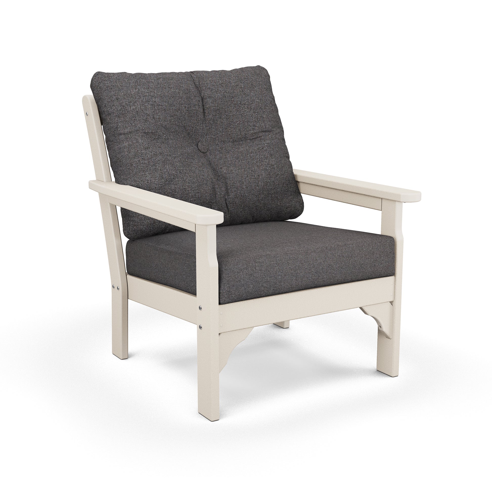 POLYWOOD Vineyard Deep Seating Chair with dark gray weatherproof cushions and an eco-friendly beige frame in a cushioned lounge design.