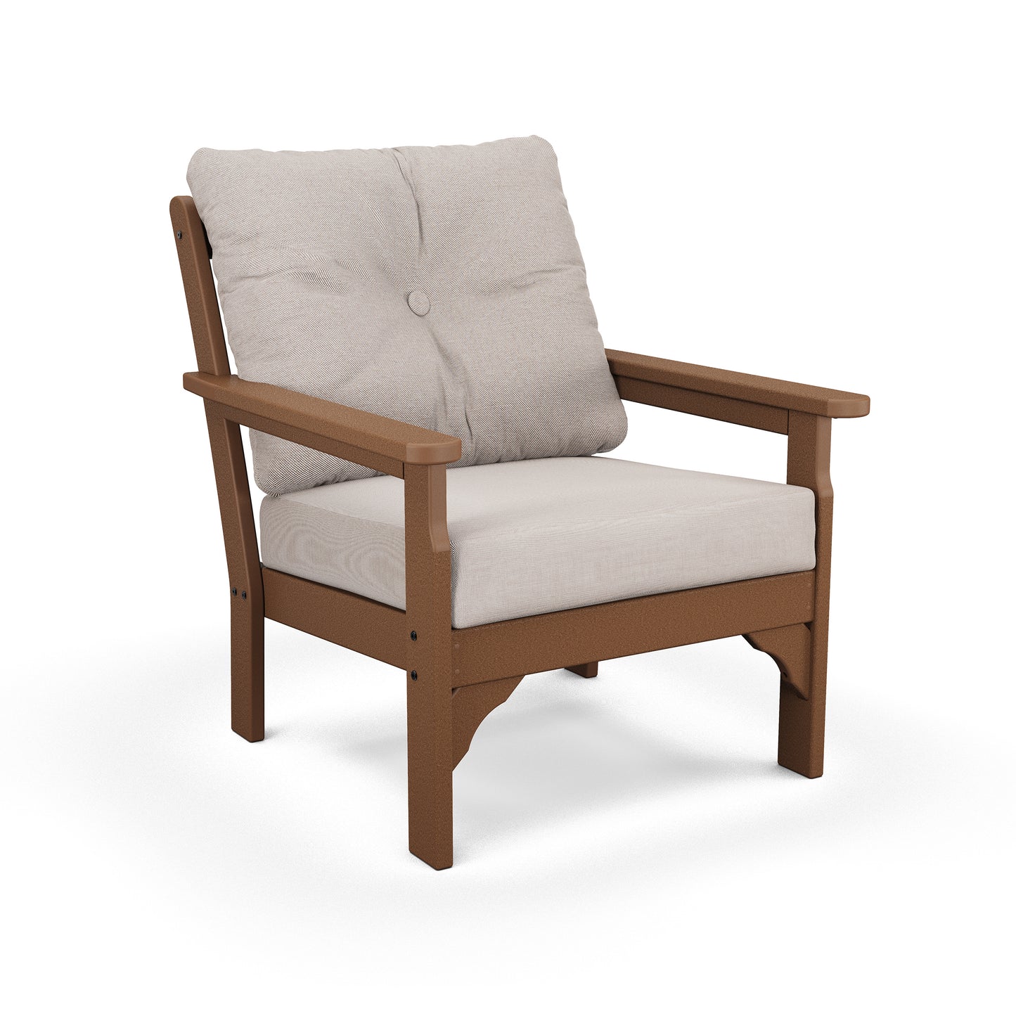 A modern POLYWOOD Vineyard Deep Seating Chair with a brown wooden frame and light beige all-weather fabric cushions on the seat and back, isolated on a white background.