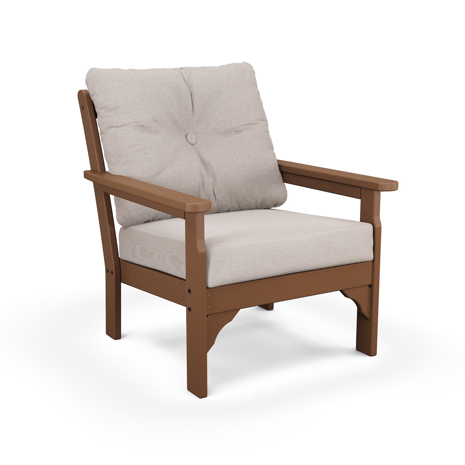 POLYWOOD Vineyard Deep Seating Chair with wooden frame and beige cushions.