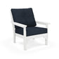 A POLYWOOD Vineyard Deep Seating Chair with thick navy blue all-weather fabric cushions on both the seat and backrest, isolated against a pure white background.