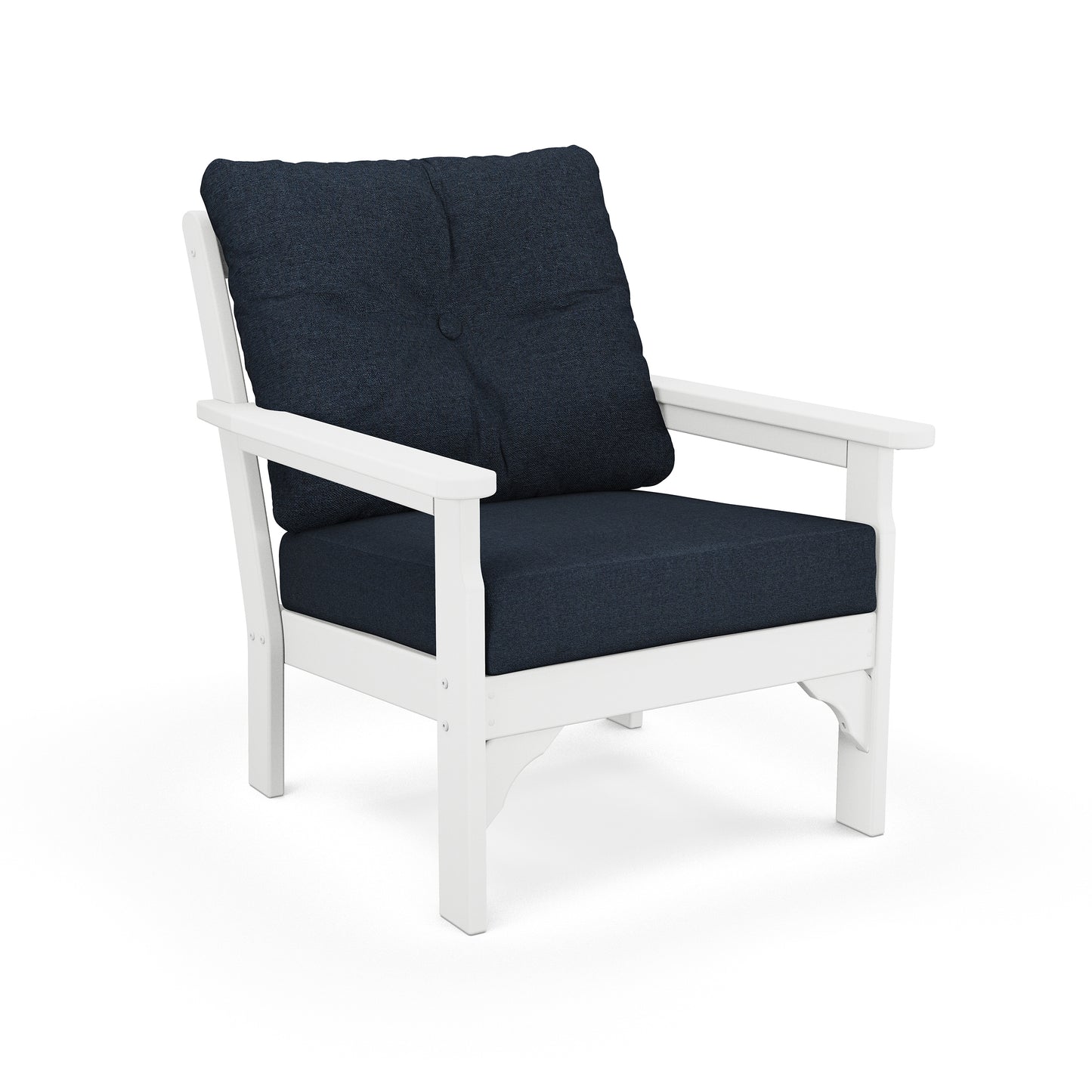 POLYWOOD Vineyard Deep Seating Chair with navy cushions and white frame.