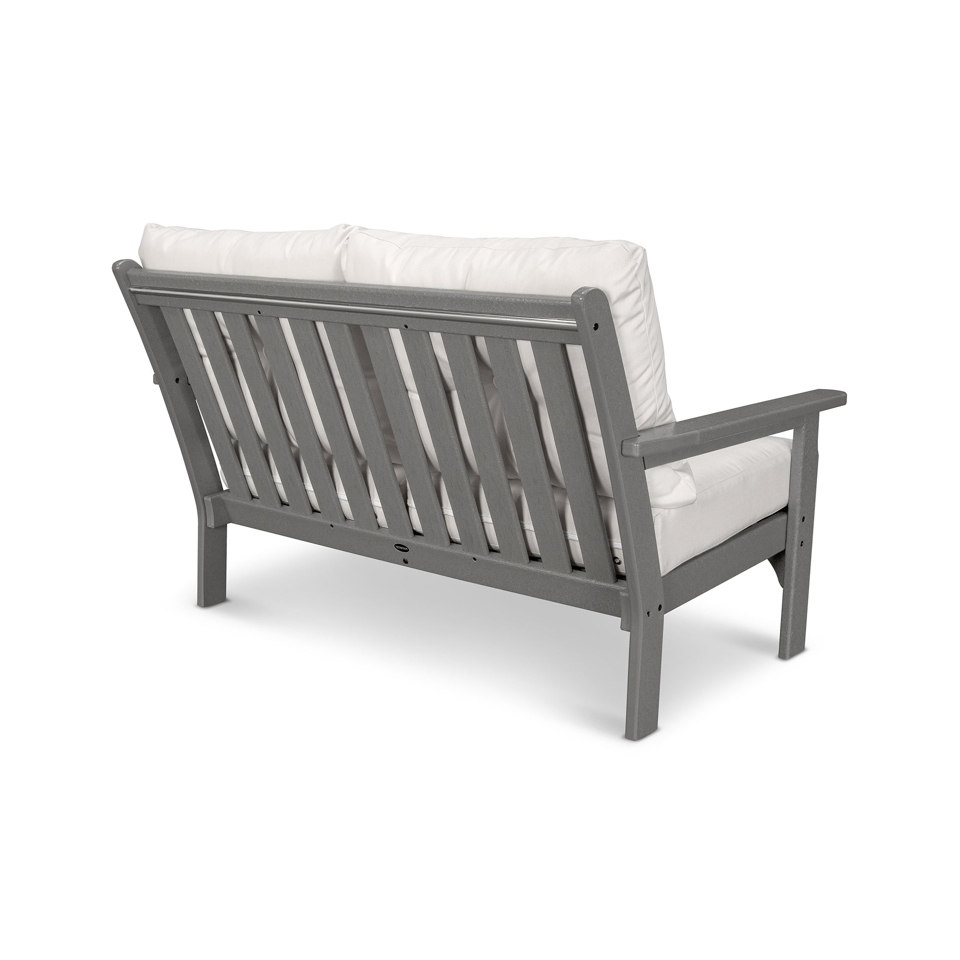 A modern gray POLYWOOD® Vineyard Deep Seating Settee outdoor sofa with white cushions, featuring a slatted back and seat design, isolated on a white background.