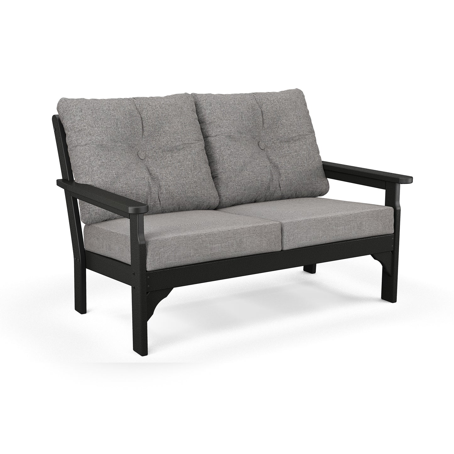 POLYWOOD Vineyard Deep Seating Settee with black frame and gray cushions, perfect for luxurious outdoor relaxation.