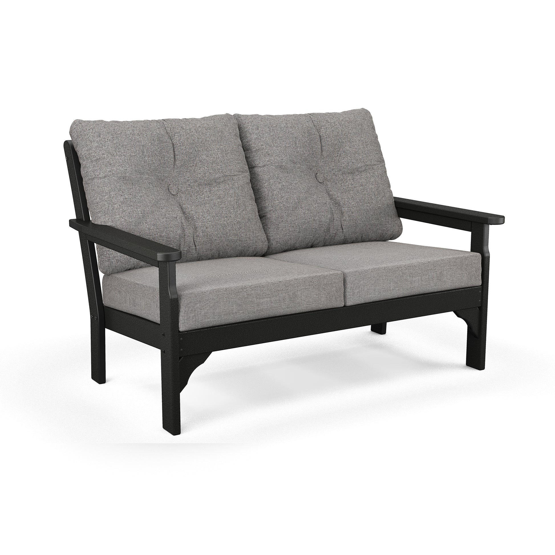 POLYWOOD Vineyard Deep Seating Settee with black frame and gray cushions, perfect for luxurious outdoor relaxation.