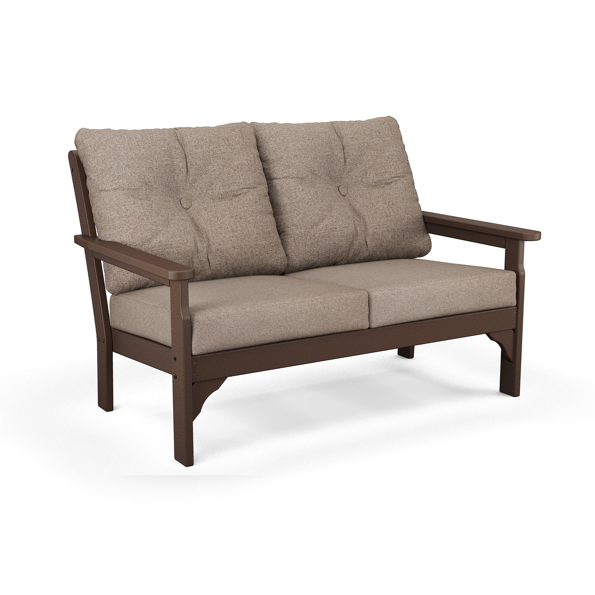 POLYWOOD Vineyard Deep Seating Settee, brown loveseat featuring weather-resistant beige tufted cushions.