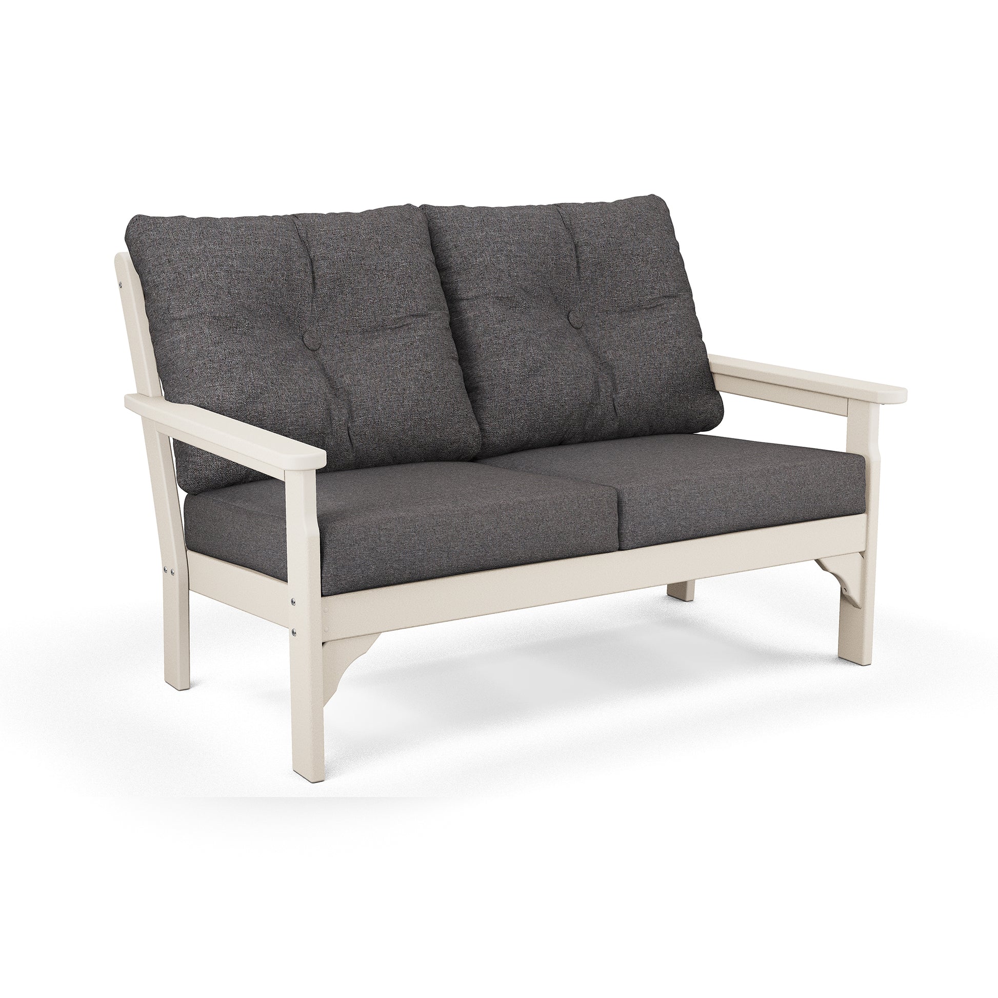 A two-seater sofa featuring a white POLYWOOD® Vineyard Deep Seating Settee frame and dark gray weather-resistant cushions, isolated on a white background.