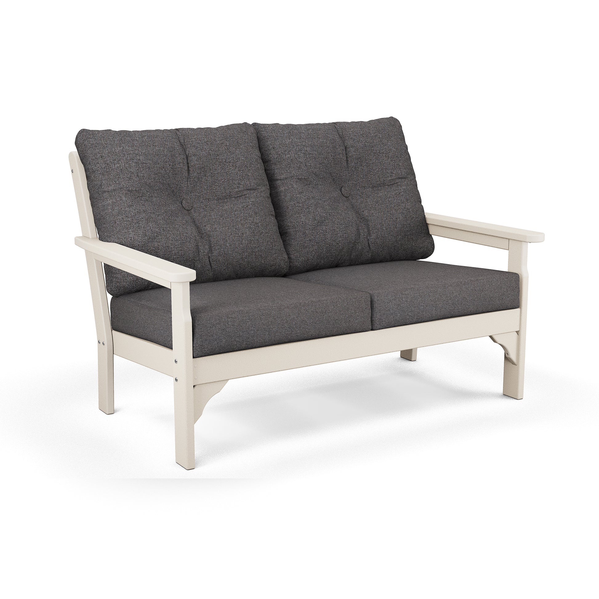 POLYWOOD Vineyard Deep Seating Settee with durable dark gray cushions on a white wood frame.