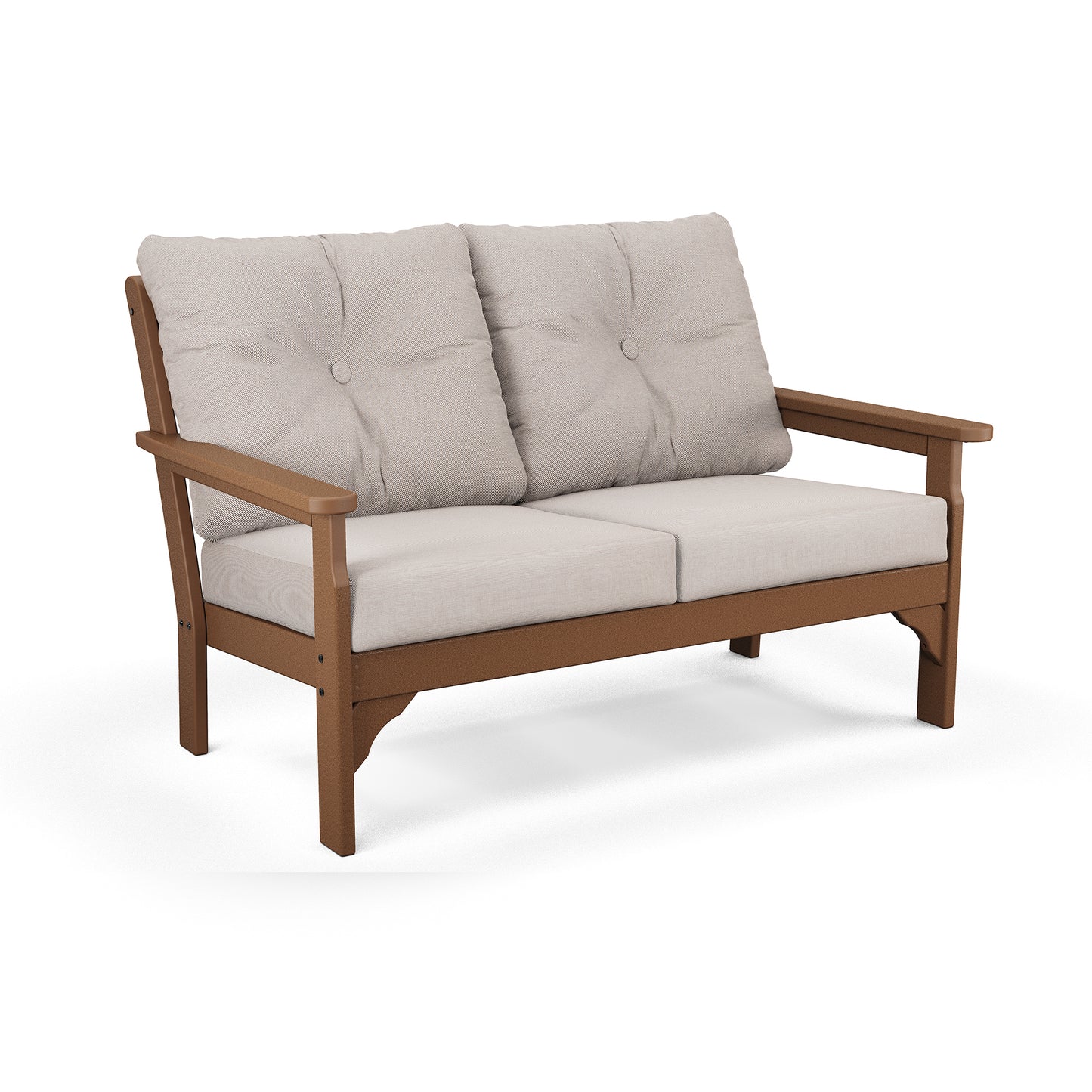 A two-seater POLYWOOD® Vineyard Deep Seating Settee with a light brown frame and beige cushions, set against a white background. The bench features a simple, modern design with three back cushions and two seat cushions.