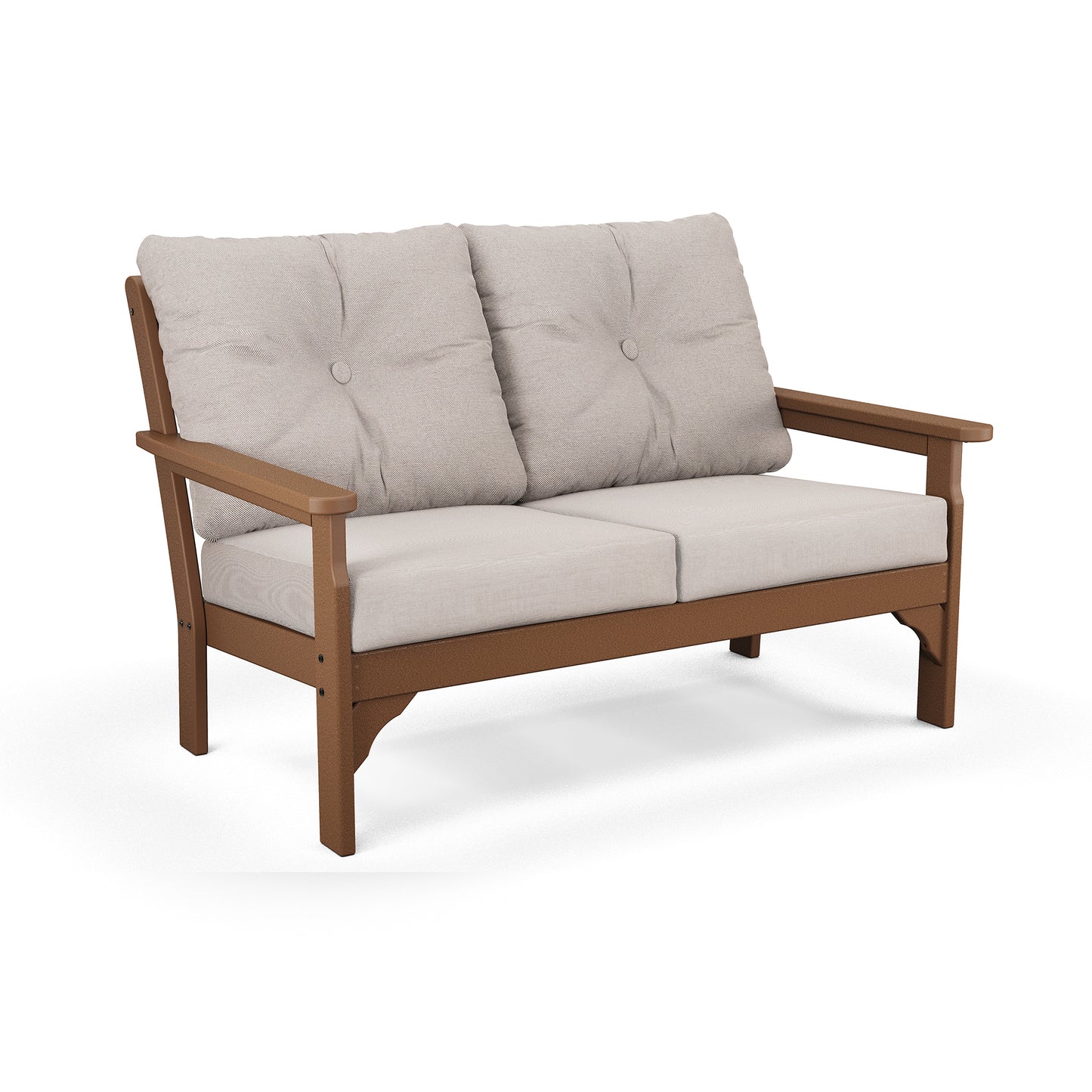 POLYWOOD Vineyard Deep Seating Settee with Beige Cushions and Simple Armrests.