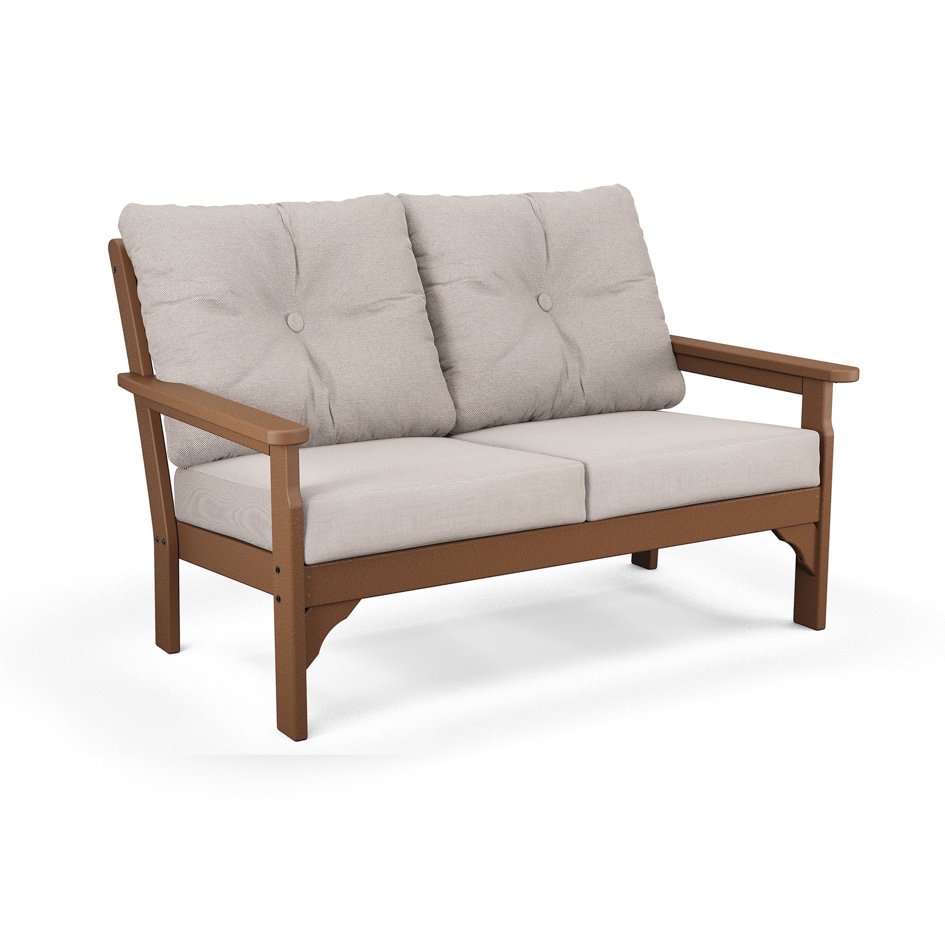 POLYWOOD Vineyard Deep Seating Settee with Beige Cushions and Simple Armrests.