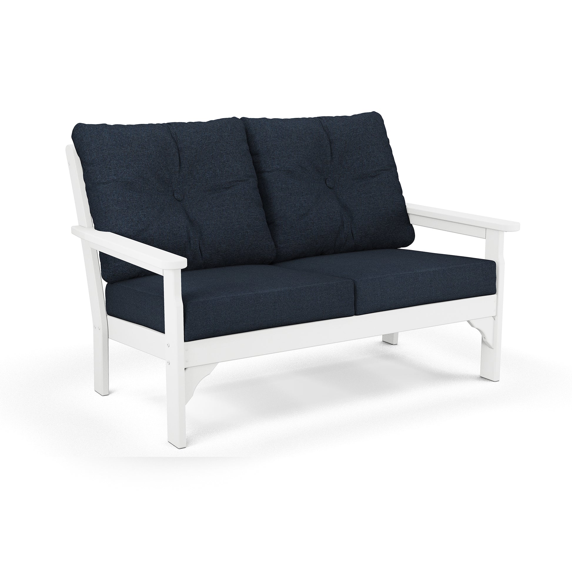 A modern two-seater outdoor sofa with a white POLYWOOD® frame and dark blue cushions, isolated on a white background.