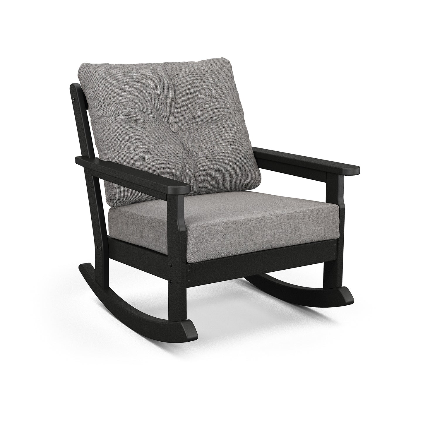 Cushioned gray POLYWOOD Vineyard Deep Seating Rocking Chair with black frame, eco-friendly design.