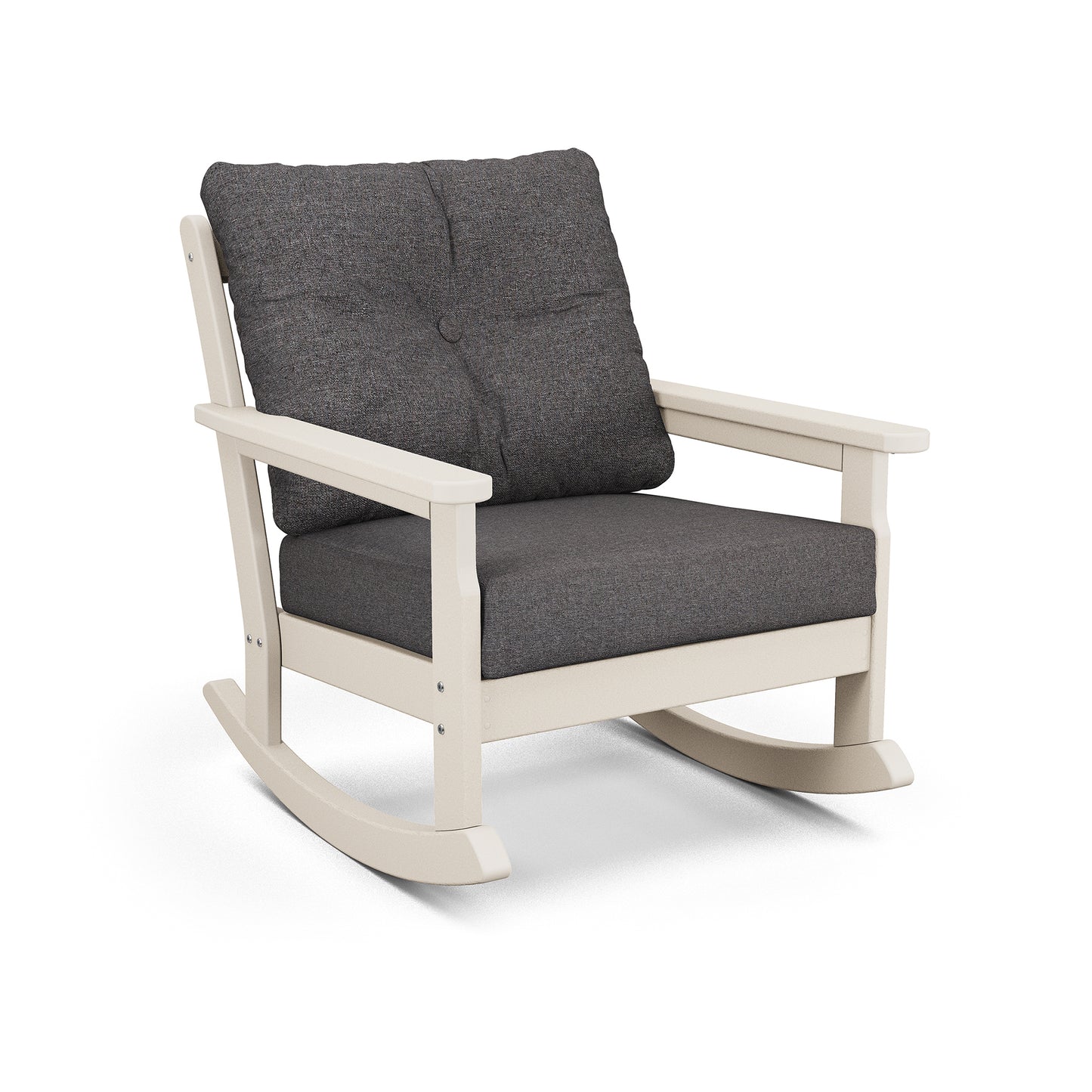 Eco-friendly POLYWOOD Vineyard Rocking Chair with beige wood finish and dark gray cushioned seat and backrest.