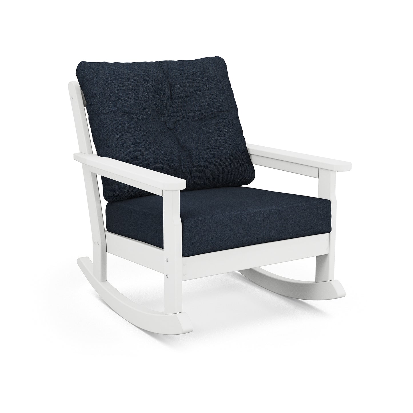 POLYWOOD Vineyard Deep Seating Rocking Chair with dark blue cushions on a white wooden frame.