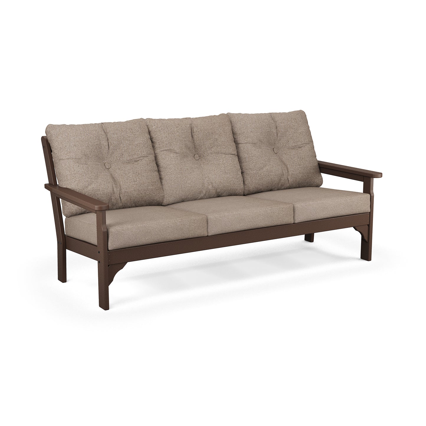 POLYWOOD Vineyard Deep Seating Sofa with weather-resistant brown frame, beige cushions, and three backrests.