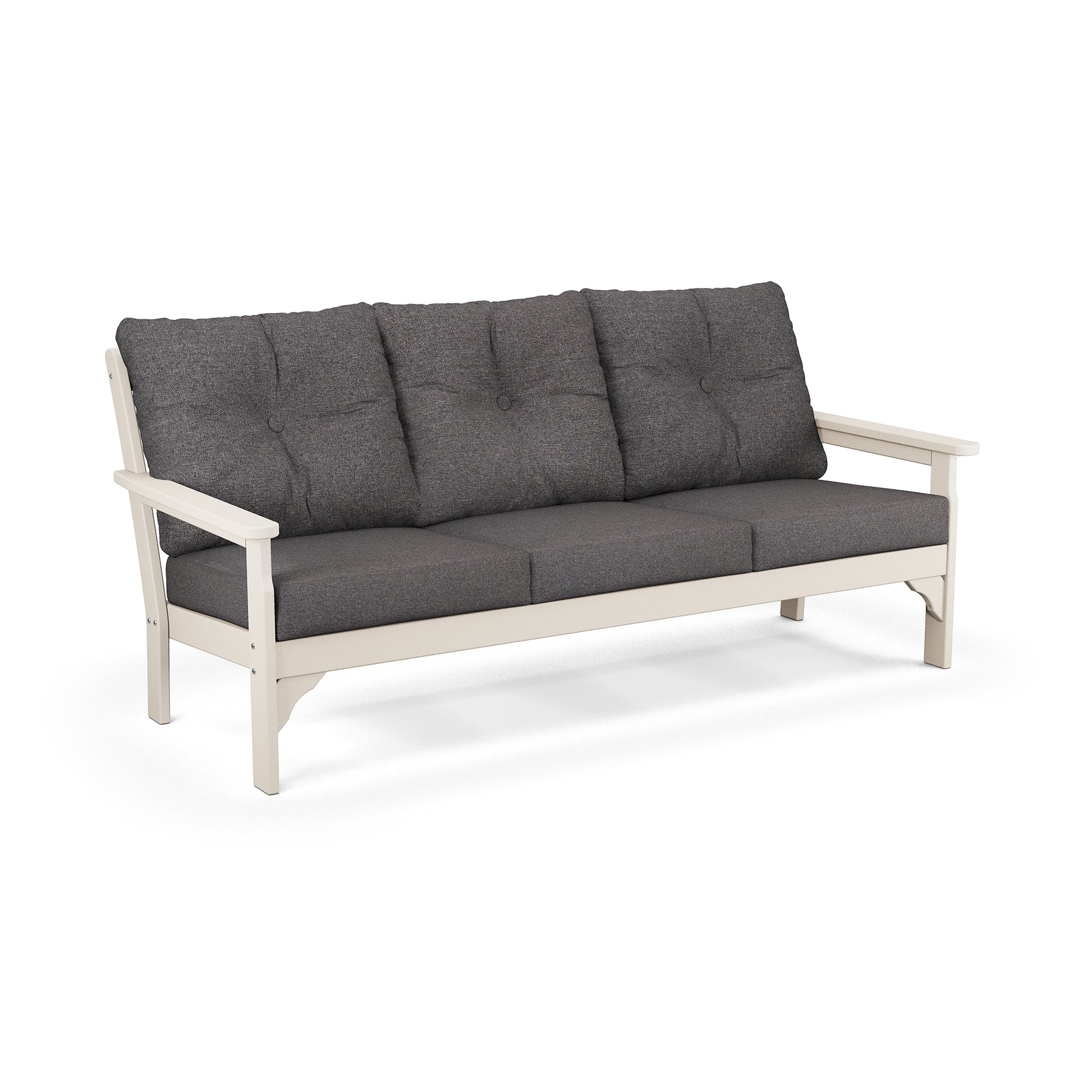 White wooden sofa featuring three dark gray cushions, designed for the POLYWOOD Vineyard Deep Seating Sofa.