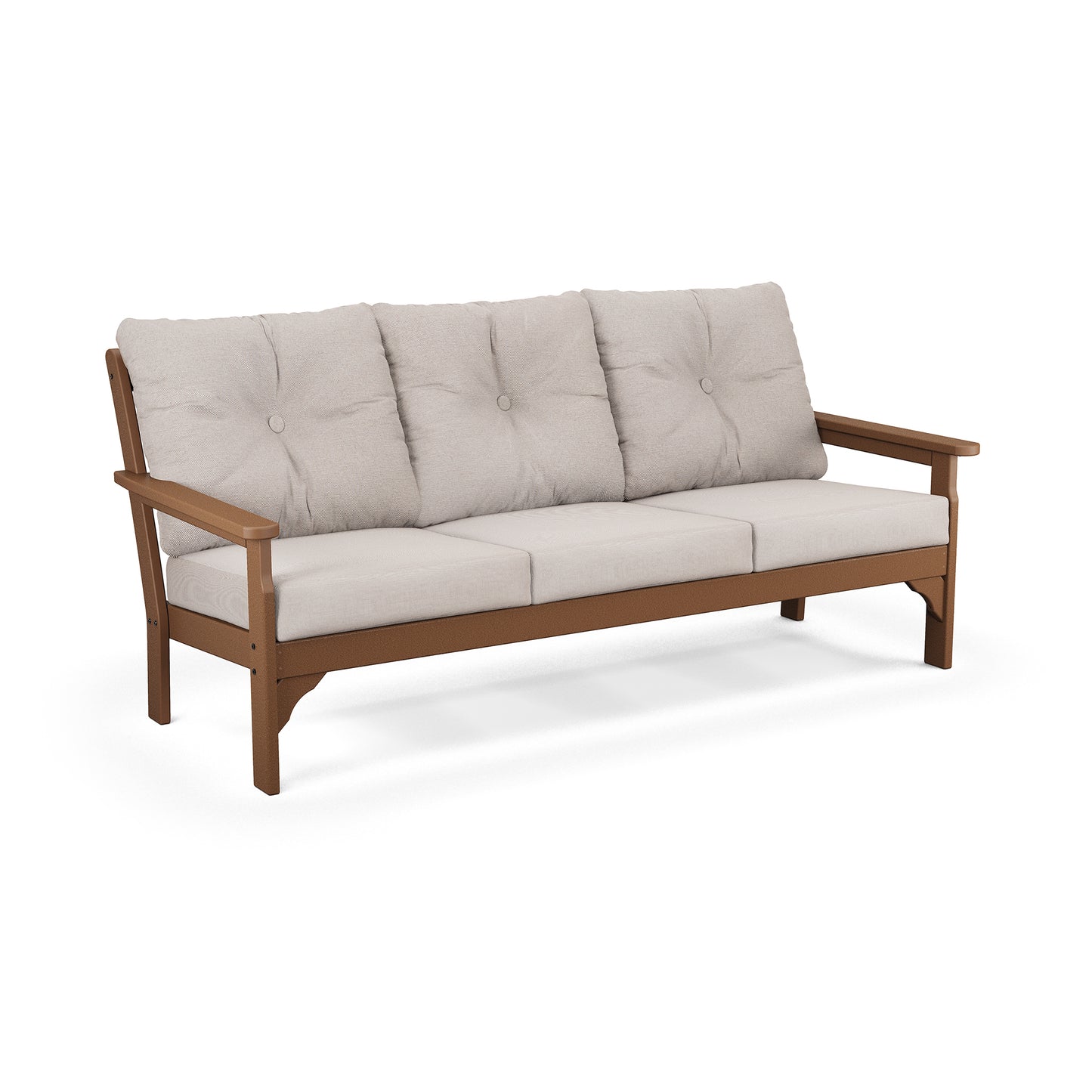 POLYWOOD Vineyard Deep Seating Sofa with weather-resistant light gray cushions and a wooden frame.