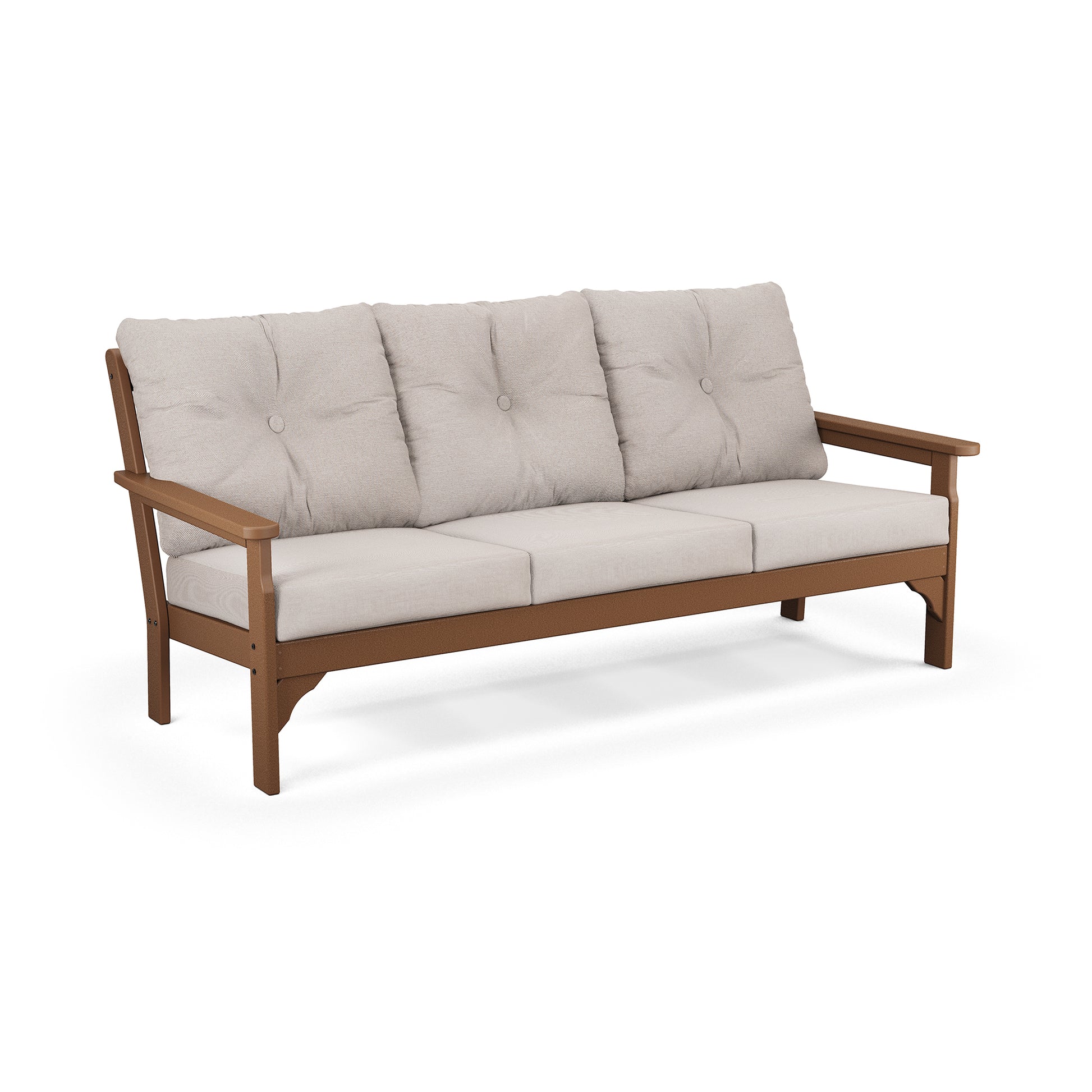 POLYWOOD Vineyard Deep Seating Sofa with weather-resistant light gray cushions and a wooden frame.