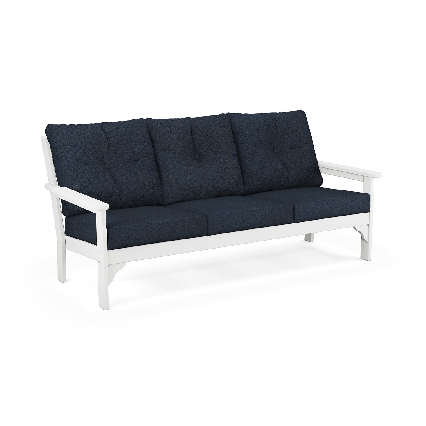 White POLYWOOD Vineyard Sofa with dark blue weather-resistant cushions, featuring three deep seating back and seat cushions.
