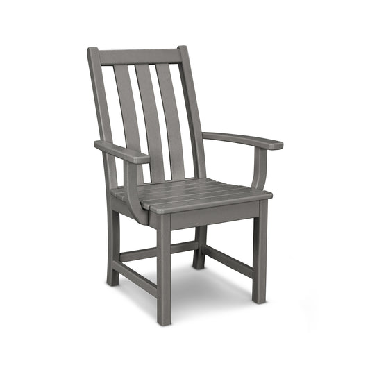 A single gray POLYWOOD® Vineyard Dining Arm Chair made of plastic, featuring a tall back with vertical slats and wide armrests, displayed against a plain white background.