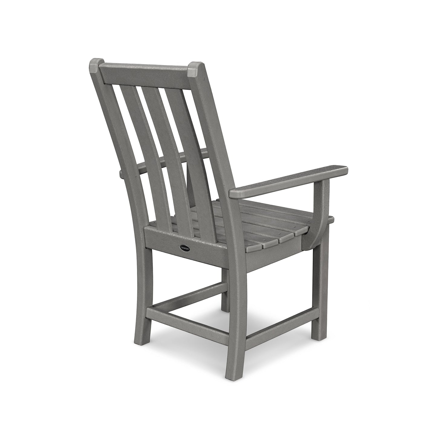 A gray, traditional-styled POLYWOOD Vineyard Dining Arm Chair made of plastic, featuring a slanted back and wide armrests. The chair is isolated on a white background.