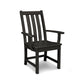 A black POLYWOOD Vineyard Dining Arm Chair made of POLYWOOD Outdoor Furniture material, featuring a tall slatted back and broad armrests, isolated on a white background.