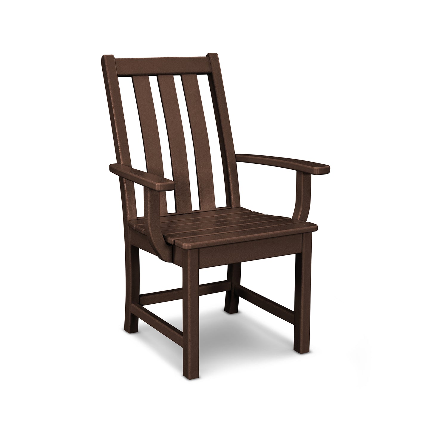 A brown POLYWOOD Vineyard Dining Arm Chair made of plastic, featuring a tall back with vertical slats and wide armrests, isolated on a white background.