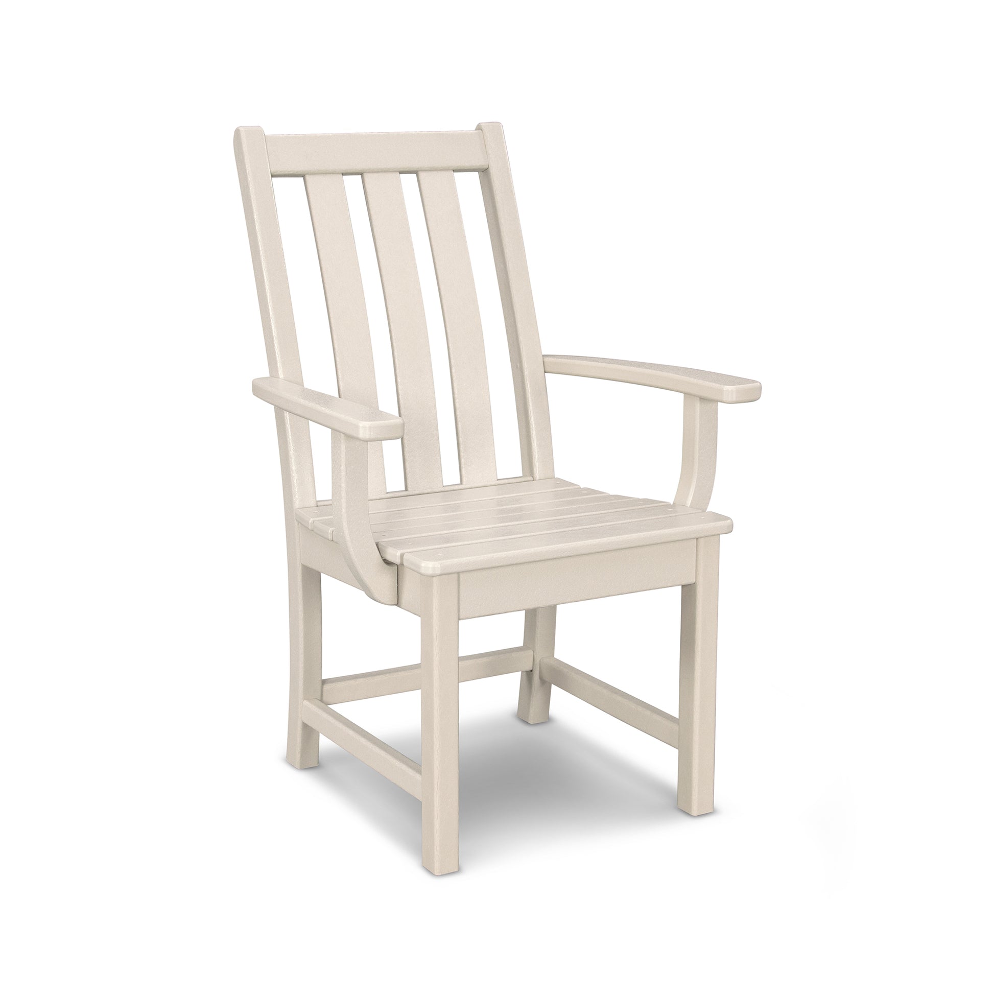 A beige, POLYWOOD® Vineyard Dining Arm Chair adirondack chair with a high back and armrests, isolated on a white background.