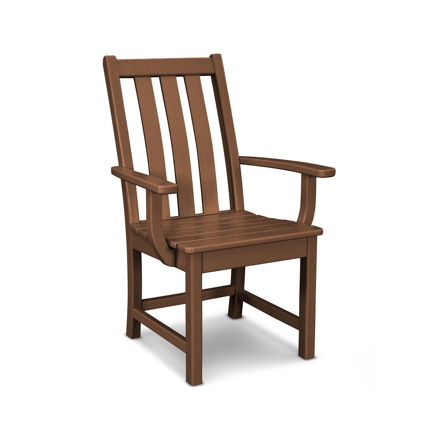 White POLYWOOD Vineyard Dining Arm Chair with vertical slats and armrests made from durable lumber.