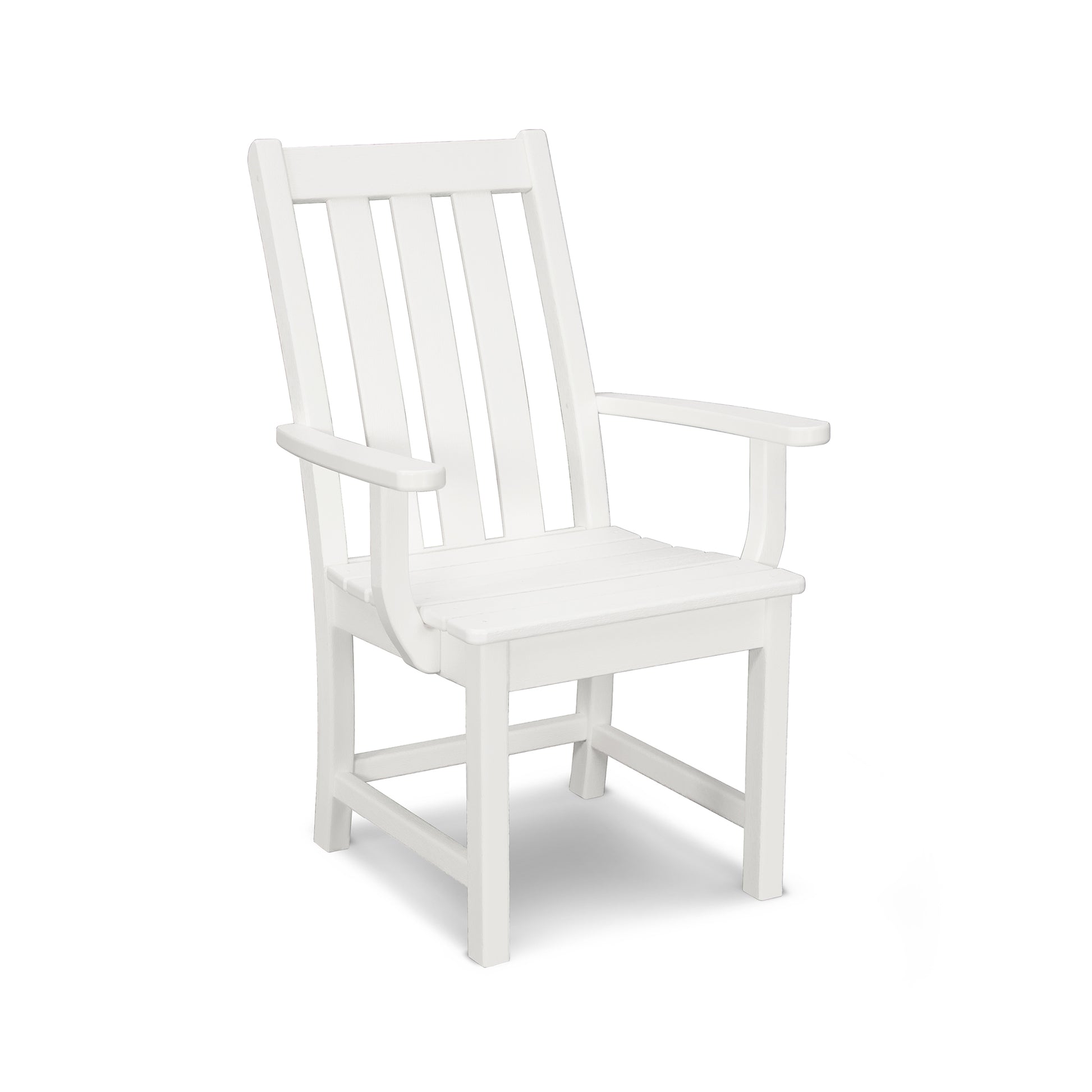 A plain white POLYWOOD® Vineyard Dining Arm Chair with a tall, slatted backrest and armrests, standing on a solid white background.
