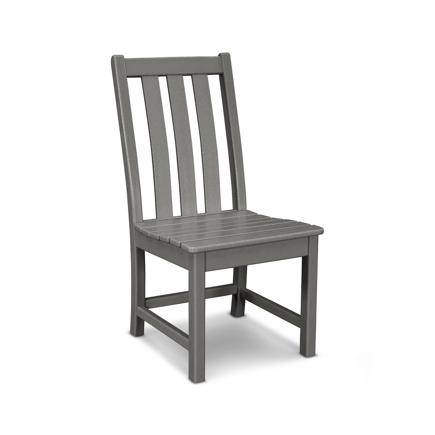A simple gray POLYWOOD Vineyard Dining Side Chair with a straight, slatted backrest and a flat seat, isolated on a white background. The chair is made of weather-resistant POLYWOOD® material.