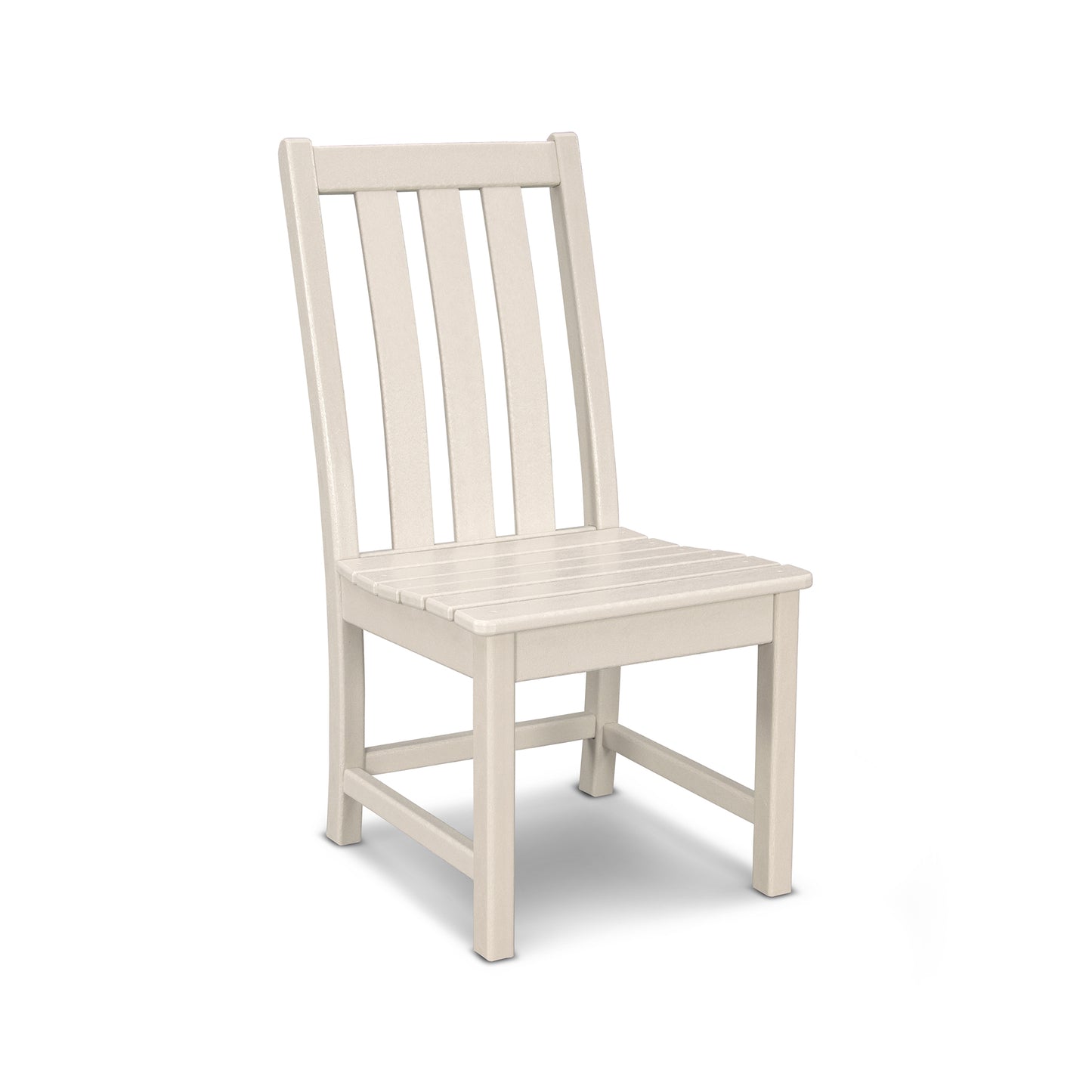 A simple beige POLYWOOD® Vineyard Dining Side Chair with a straight back and five vertical slats, standing isolated against a plain white background.