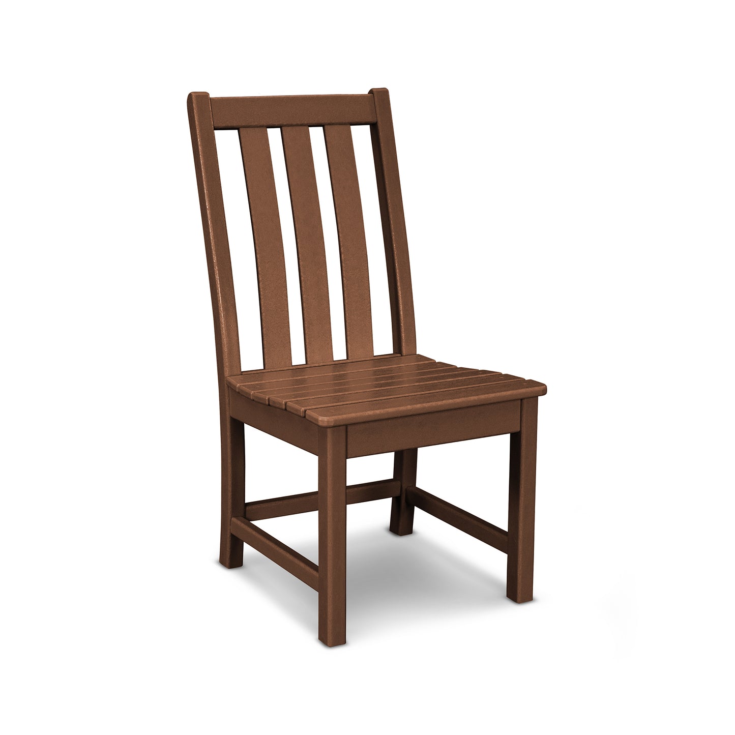 A simple brown wooden chair, designed as a POLYWOOD Vineyard Dining Side Chair with a straight back and vertical slats, isolated on a white background.