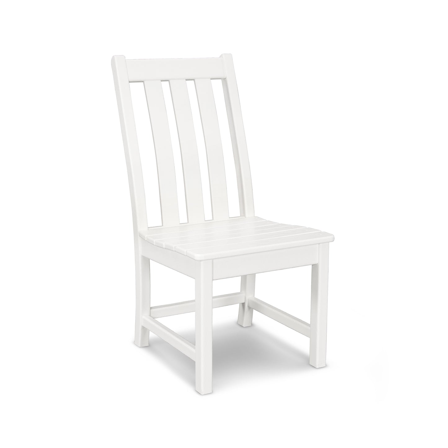 White POLYWOOD Vineyard Dining Side Chair featuring slatted back and seat, viewed from an oblique angle.