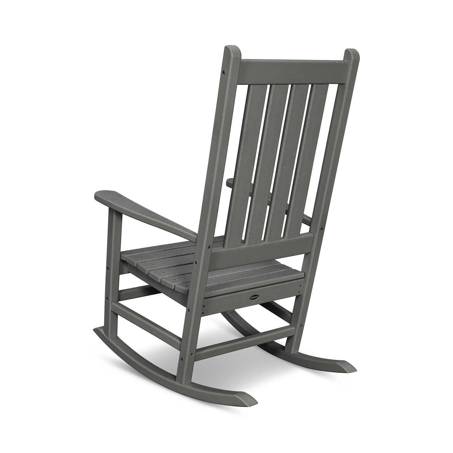 Gray POLYWOOD Vineyard Porch Rocking Chair with a slatted back showcasing its durability.