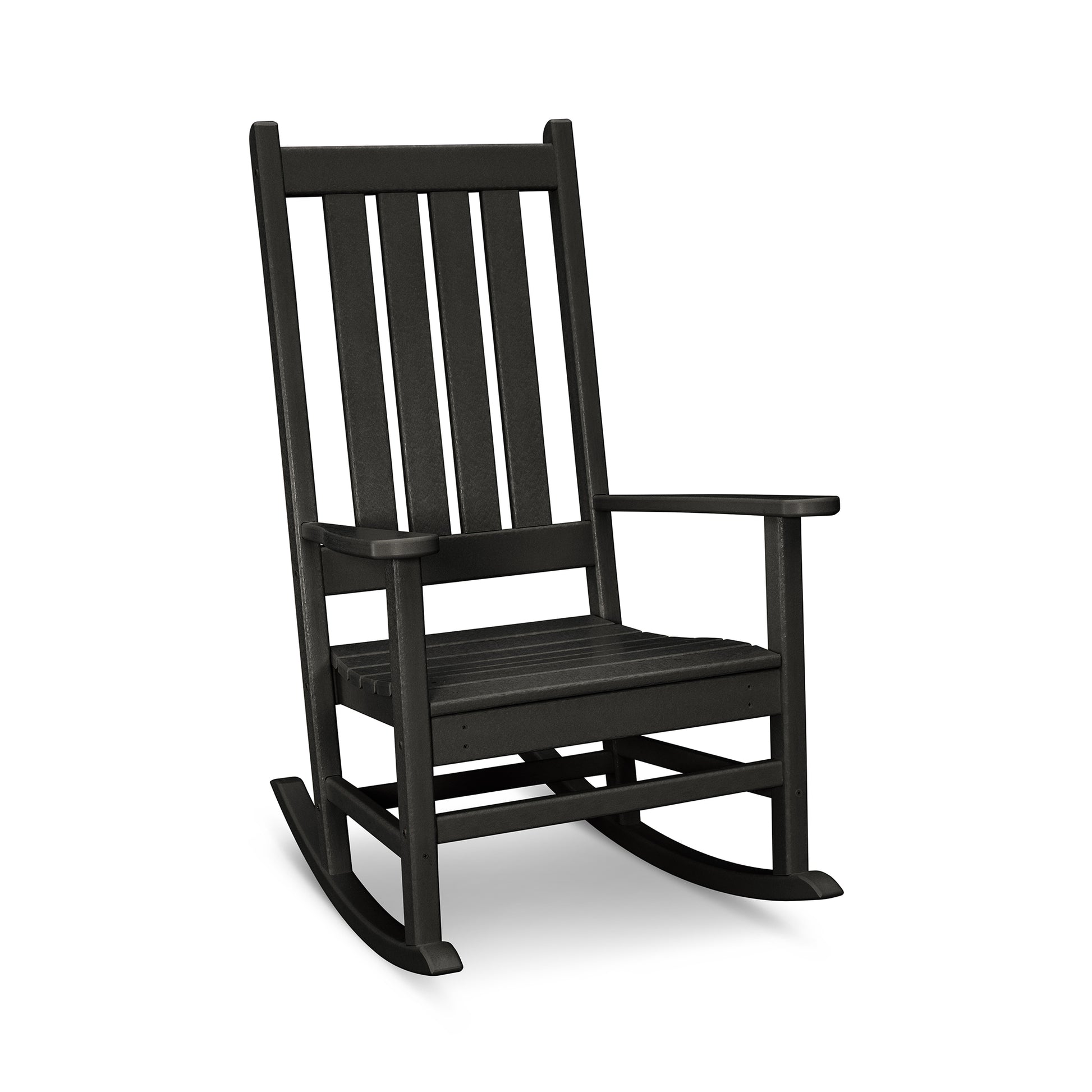 A black POLYWOOD® Vineyard Porch Rocking Chair with vertical slats on the back and seat, featuring armrests and curved rockers, isolated on a white background.