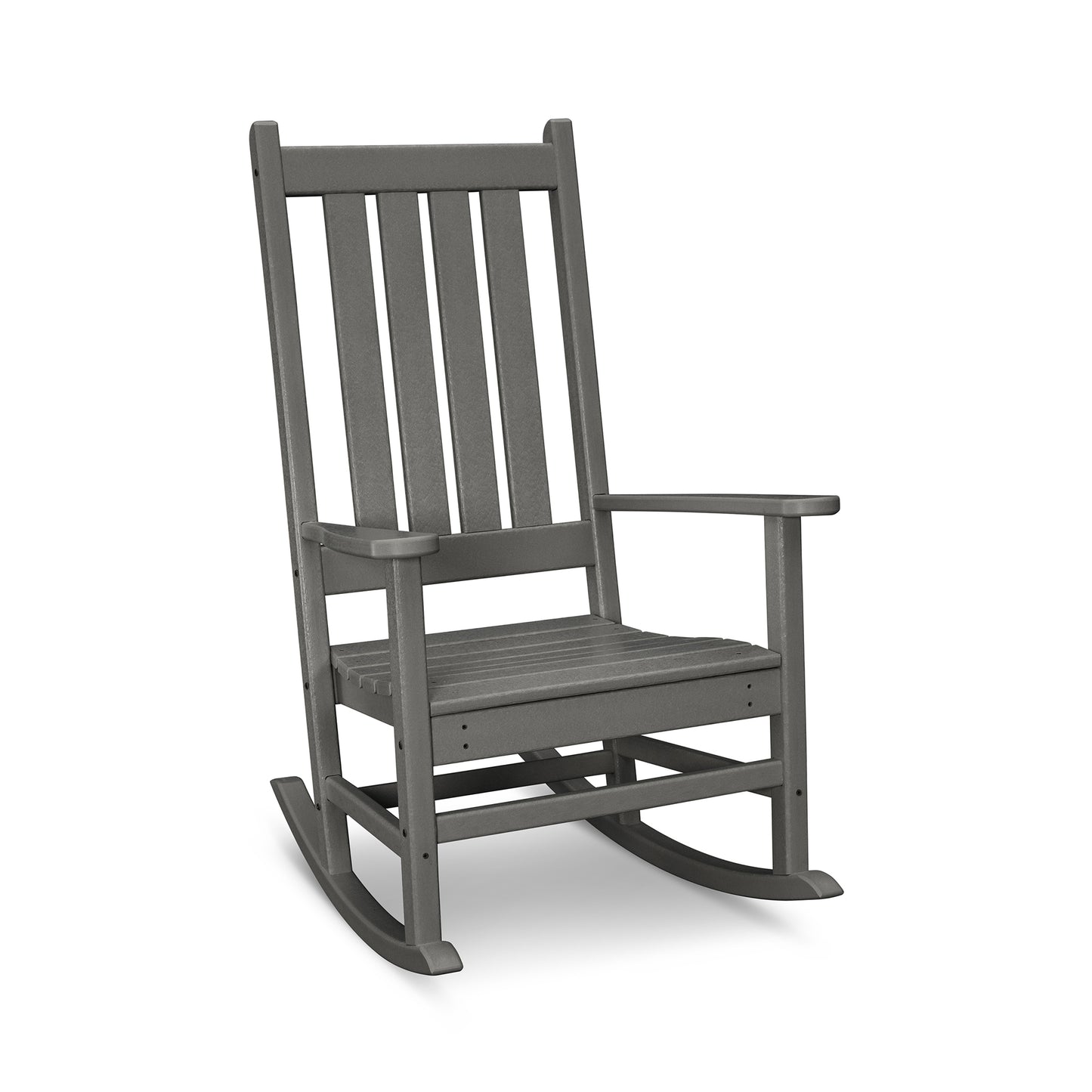 A gray POLYWOOD® Vineyard Porch Rocking Chair with vertical slats on the backrest and seat, featuring armrests and mounted on curved rocking legs, isolated on a white background.