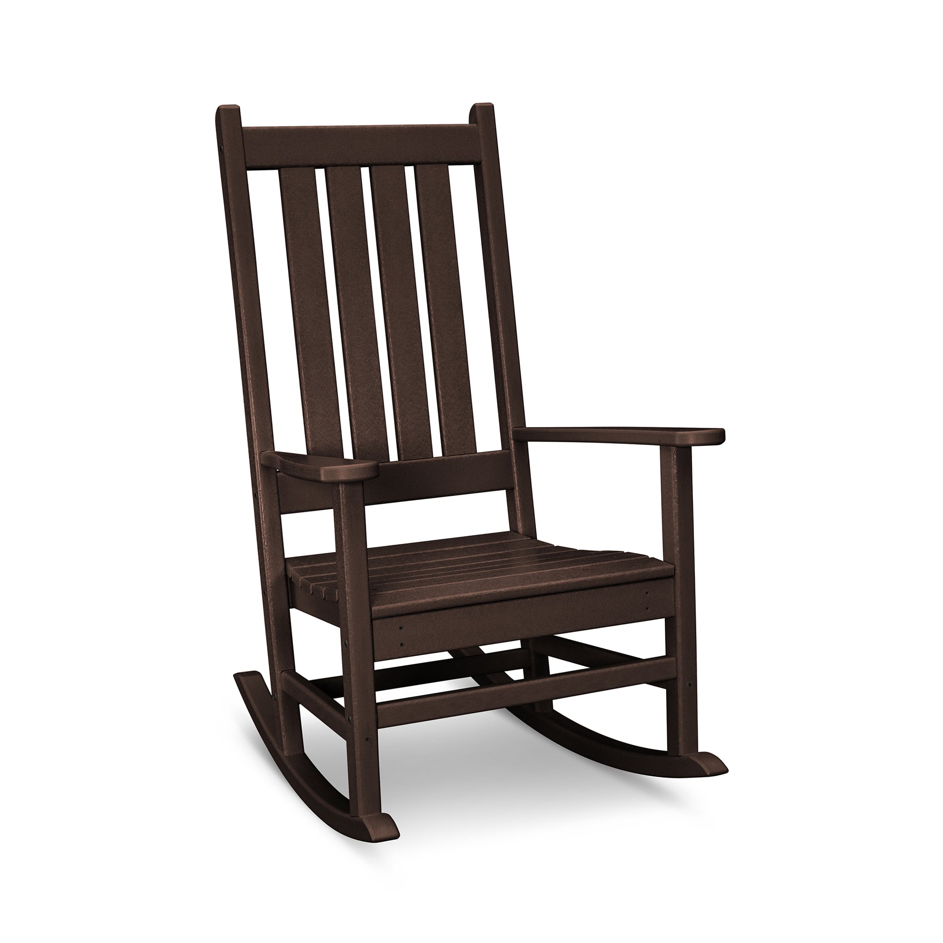 A brown POLYWOOD® Vineyard Porch Rocking Chair with a high back and armrests, featuring outdoor durability, isolated on a white background.