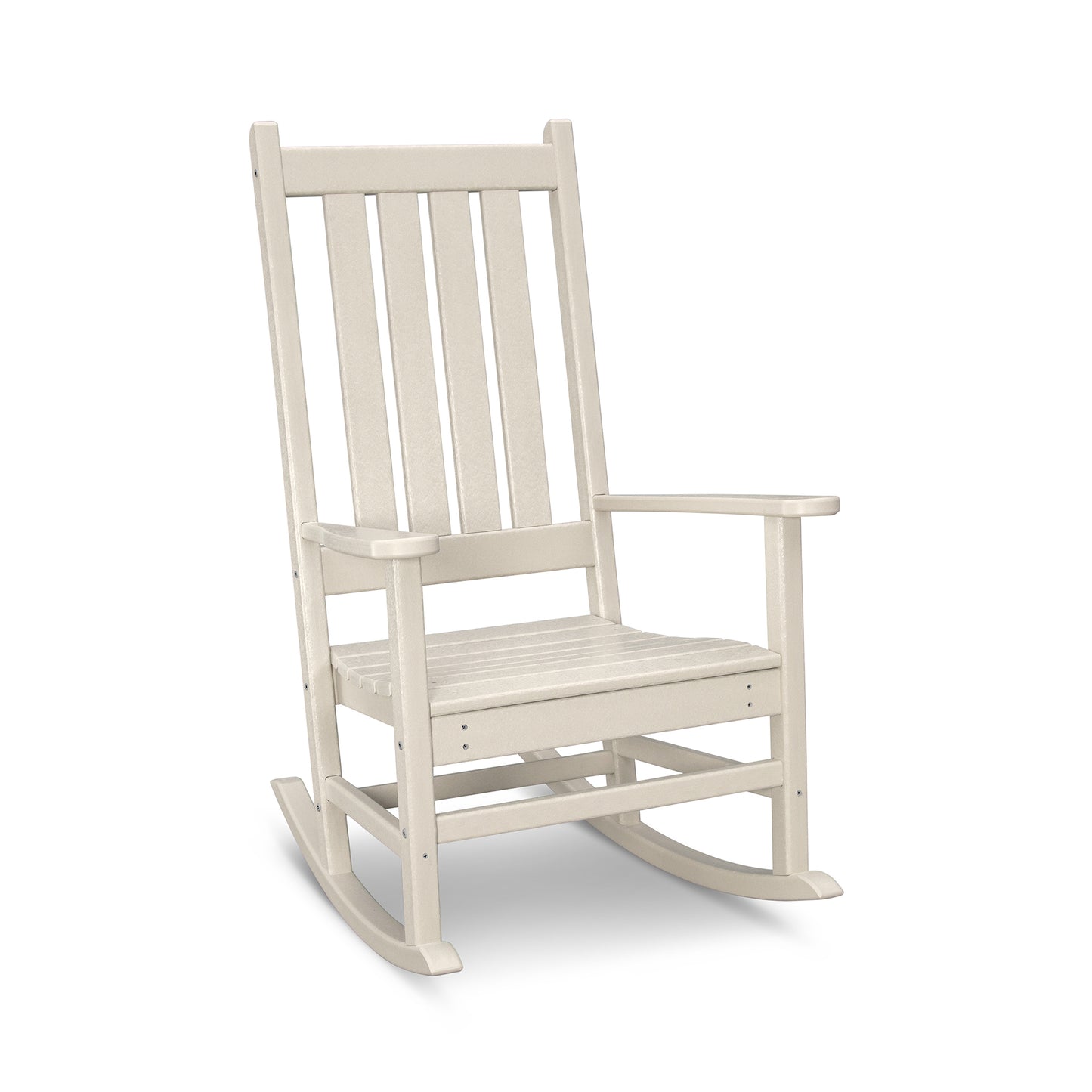 A traditional white POLYWOOD® Vineyard Porch Rocking Chair isolated on a plain white background, featuring weather-resistant construction, a vertical slat back, and armrests for comfort.