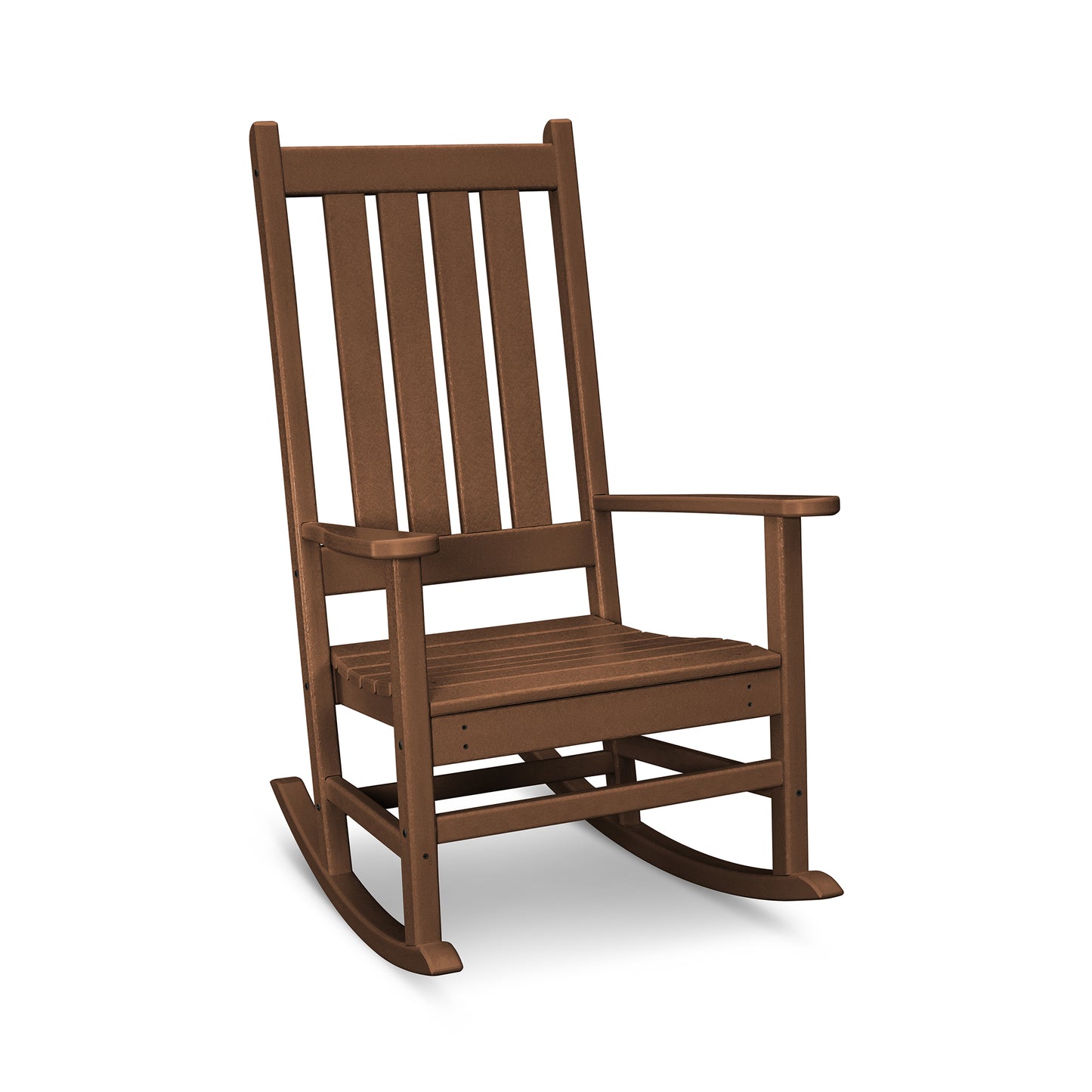 A brown POLYWOOD® Vineyard Porch Rocking Chair with a slatted back and seat, armrests, and curved rockers, isolated on a white background.