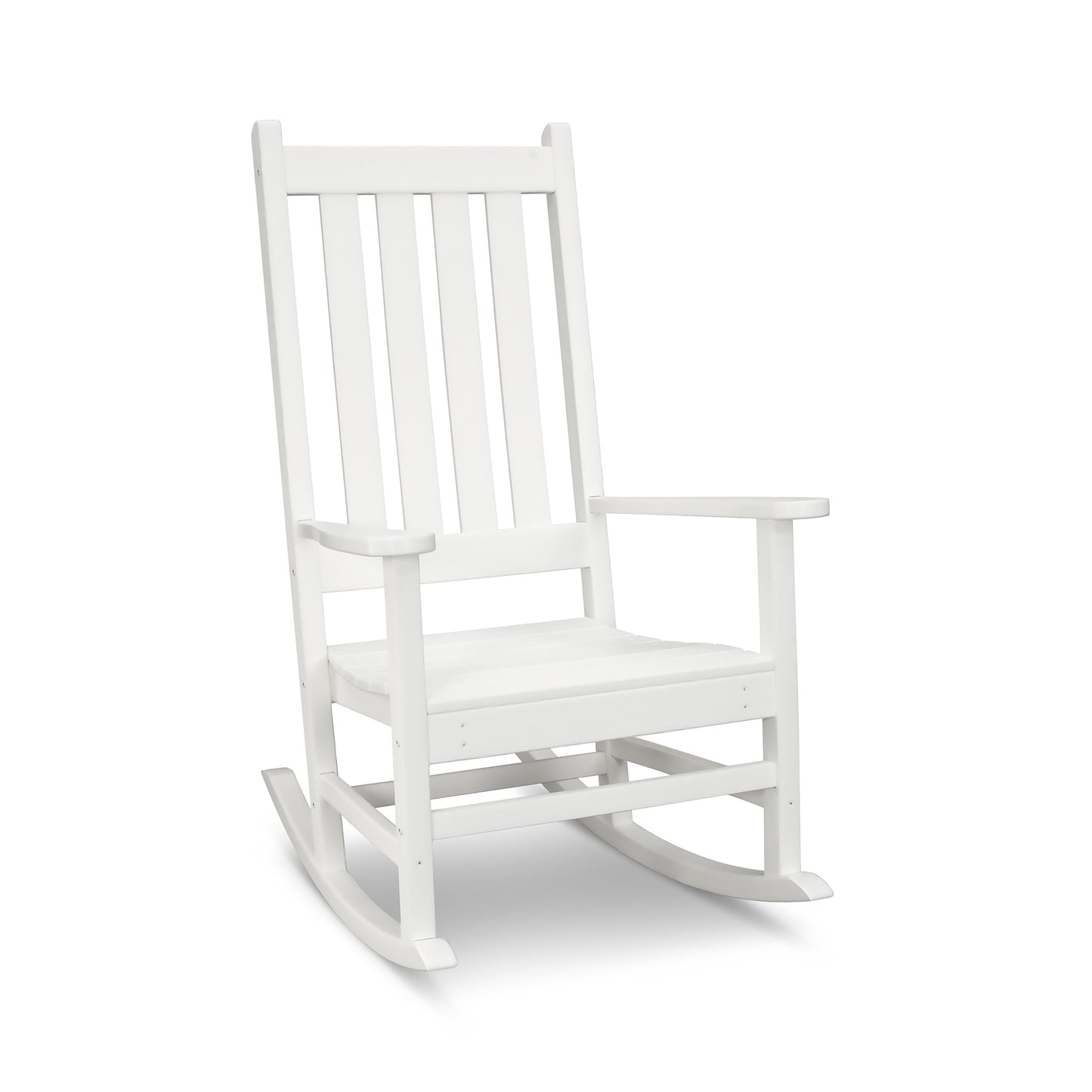 White POLYWOOD Vineyard Porch Rocking Chair with slatted backrest and curved rockers, crafted for outdoor durability.