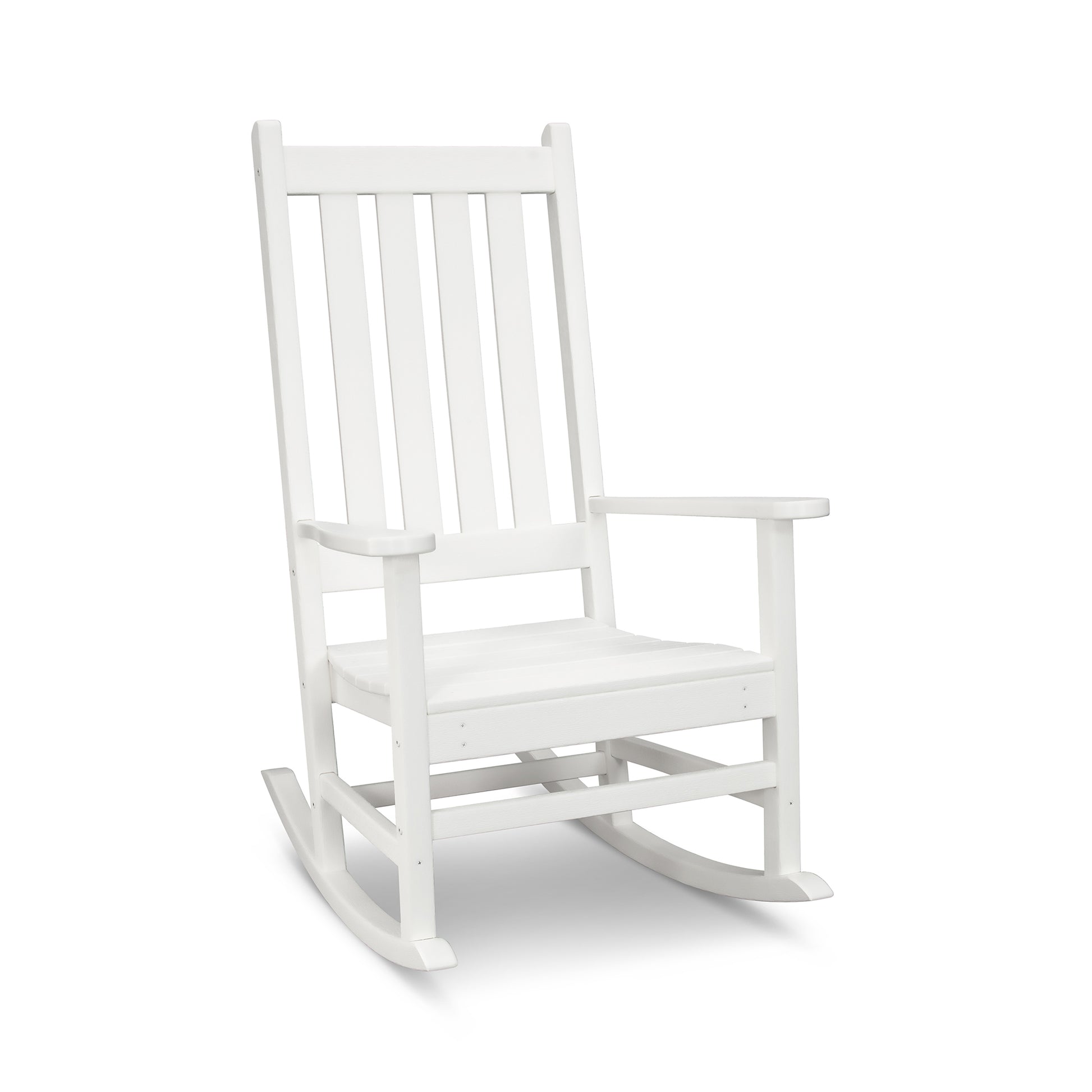 White POLYWOOD Vineyard Porch Rocking Chair with slatted backrest and curved rockers, crafted for outdoor durability.