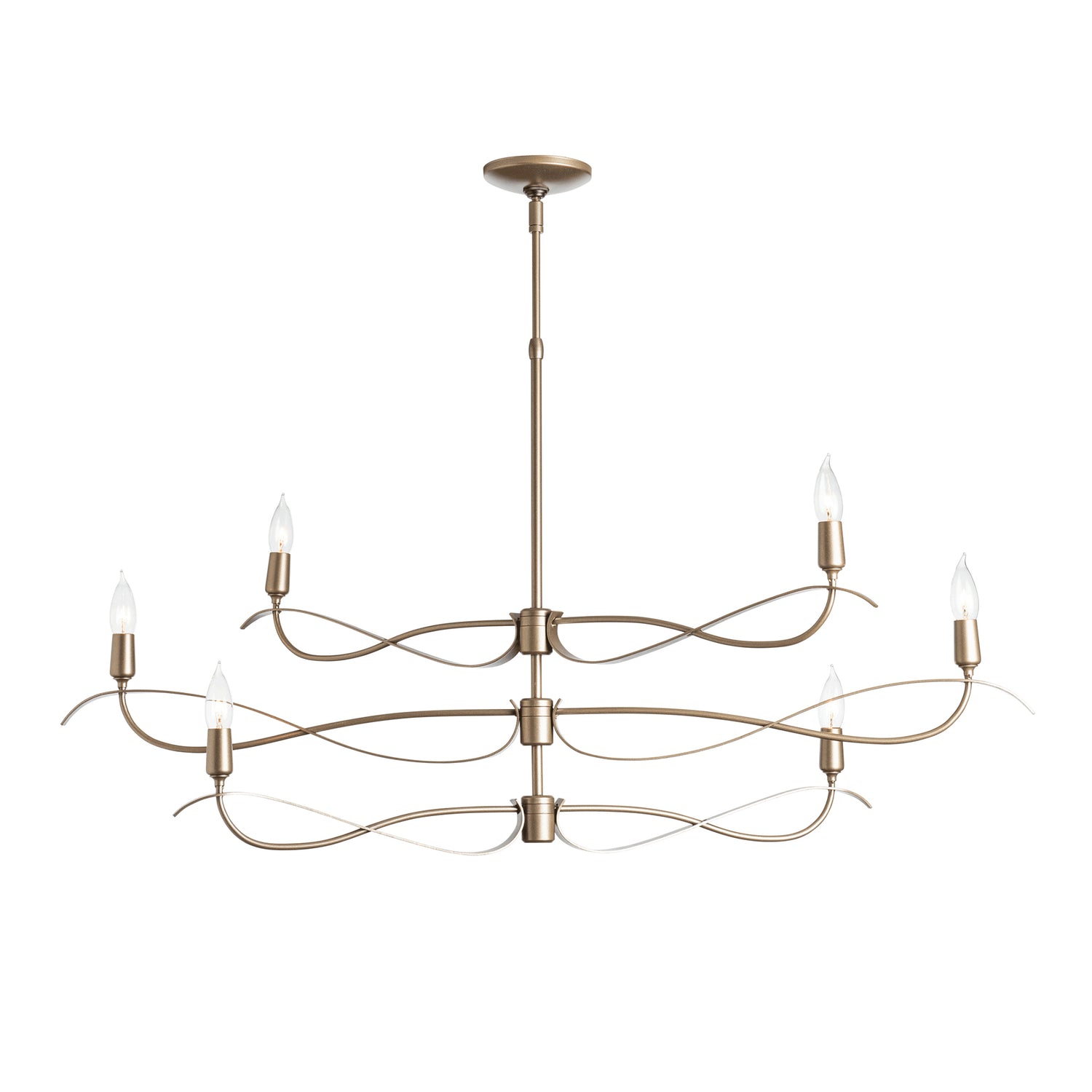 Gold double-tiered Willow 6-Light Small Chandelier by Hubbardton Forge with wavy design and six candle bulbs in central suspension.