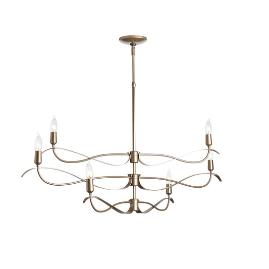 Willow 6-Light Small Chandelier by Hubbardton Forge with two tiers of six candle-style bulbs and graceful metal arms extending from a sleek central rod.