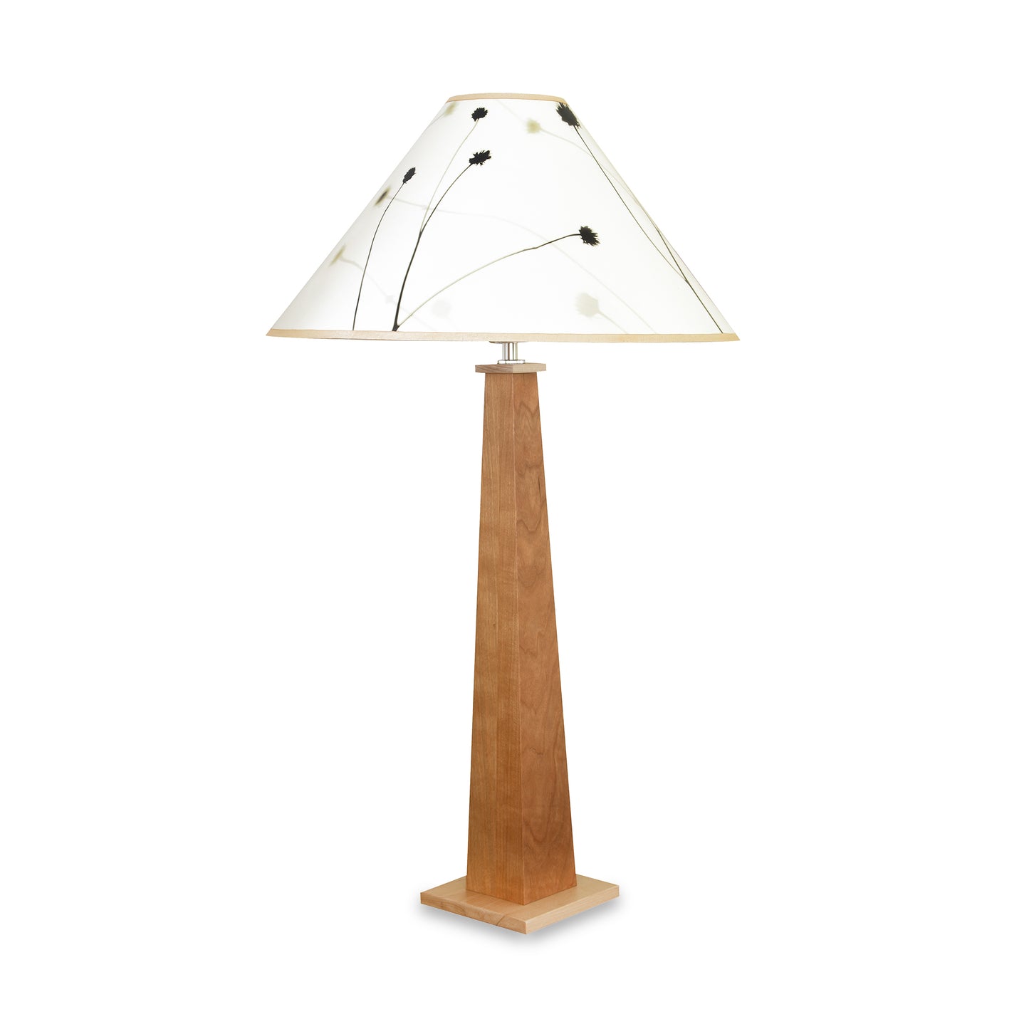 Rock River Studio Winter Hill Table Lamp with a handcrafted wooden base and black floral white shade, showcasing modern American-made furniture design.