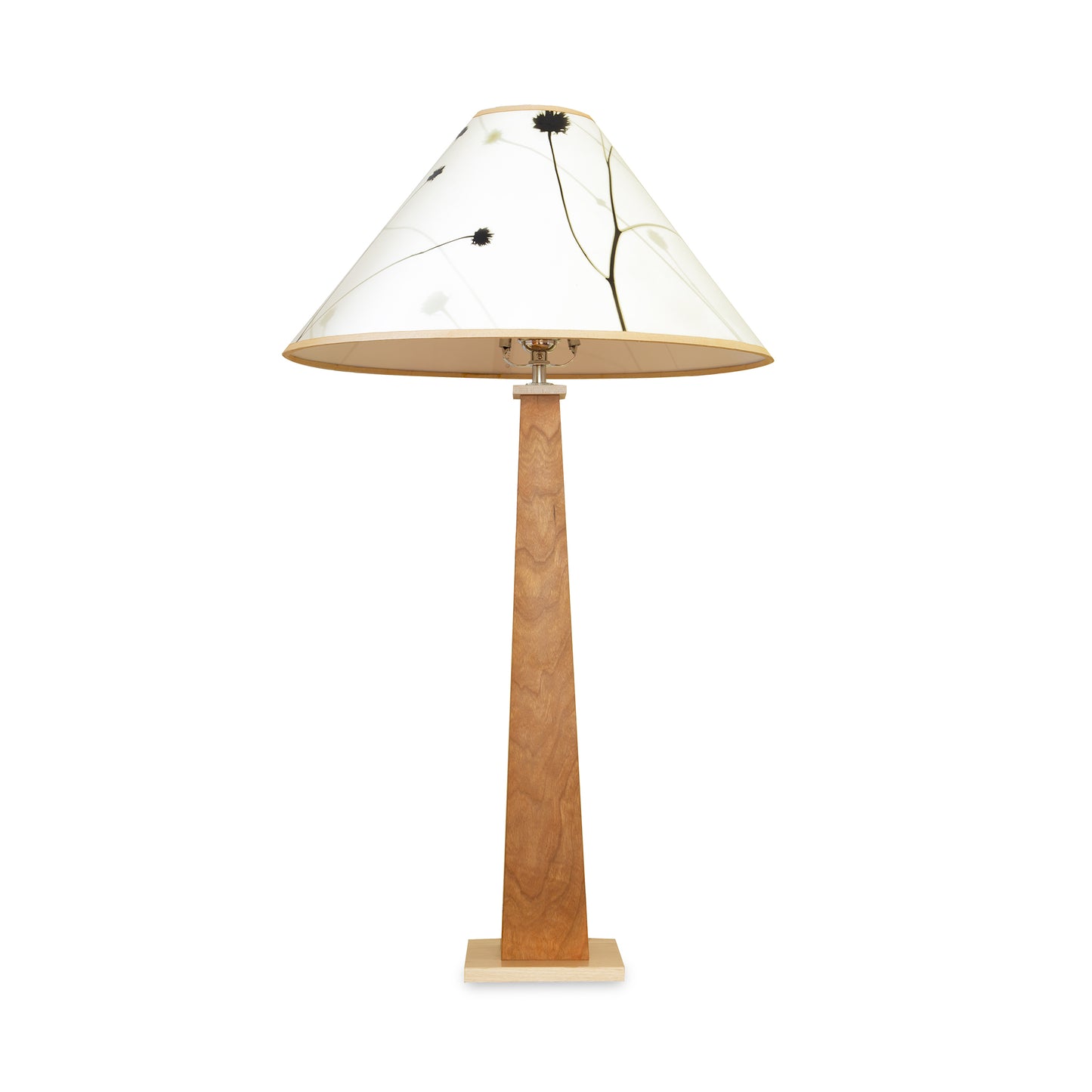 Winter Hill Table Lamp by Rock River Studio with a square base and white shade adorned with black floral patterns, showcasing modern American-made craftsmanship.