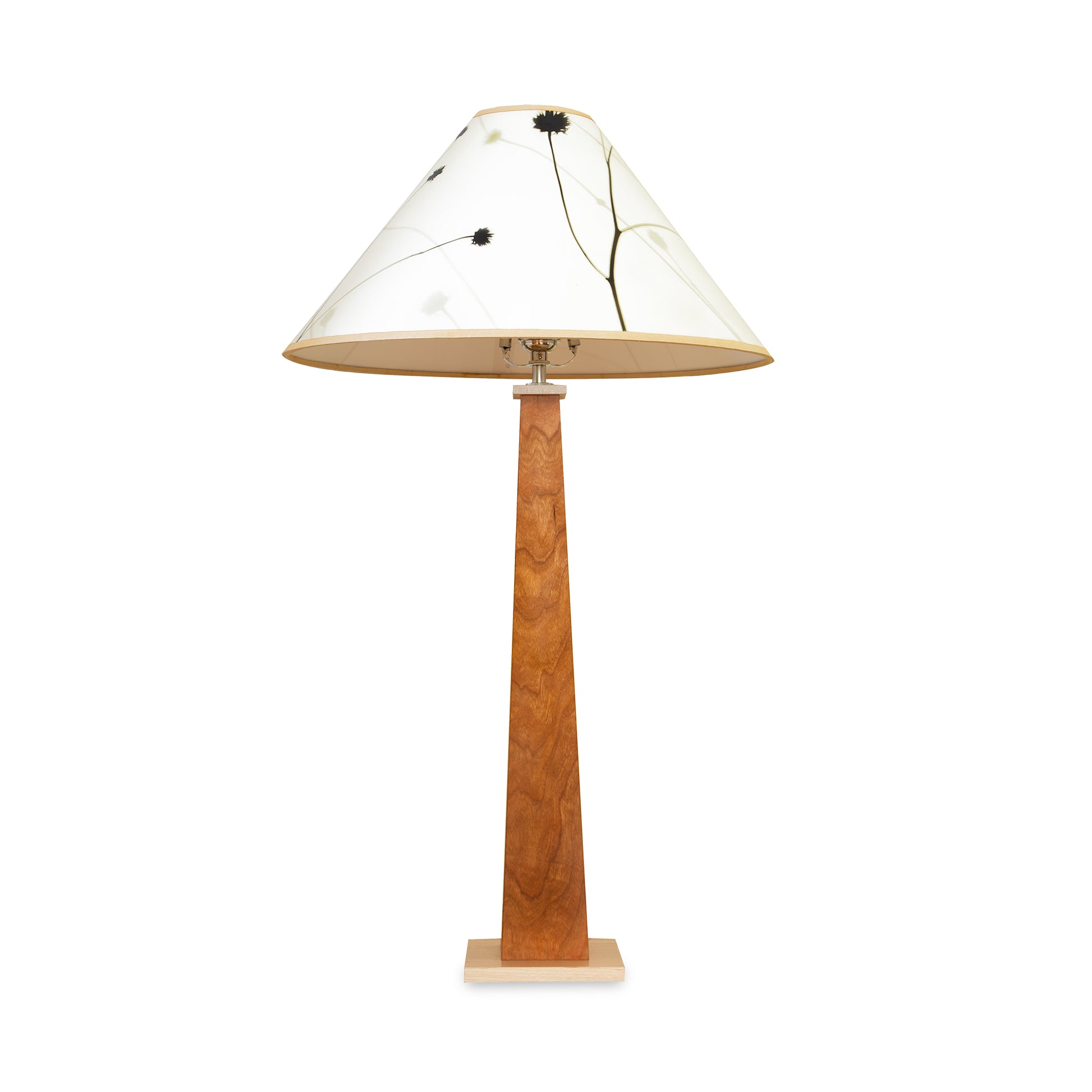 Winter Hill Table Lamp by Rock River Studio with a handcrafted wood base and white floral shade, showcasing elegant, modern American-made design.