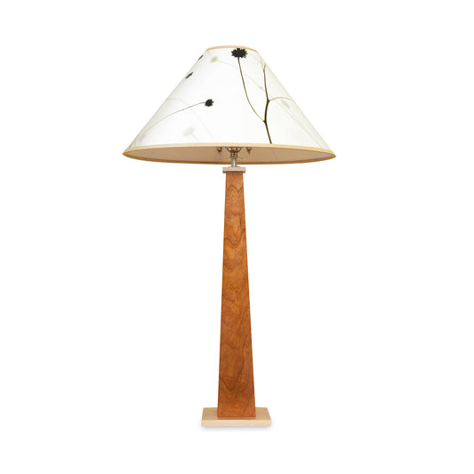 Winter Hill Table Lamp by Rock River Studio with a handcrafted wood base and white floral shade, showcasing elegant, modern American-made design.